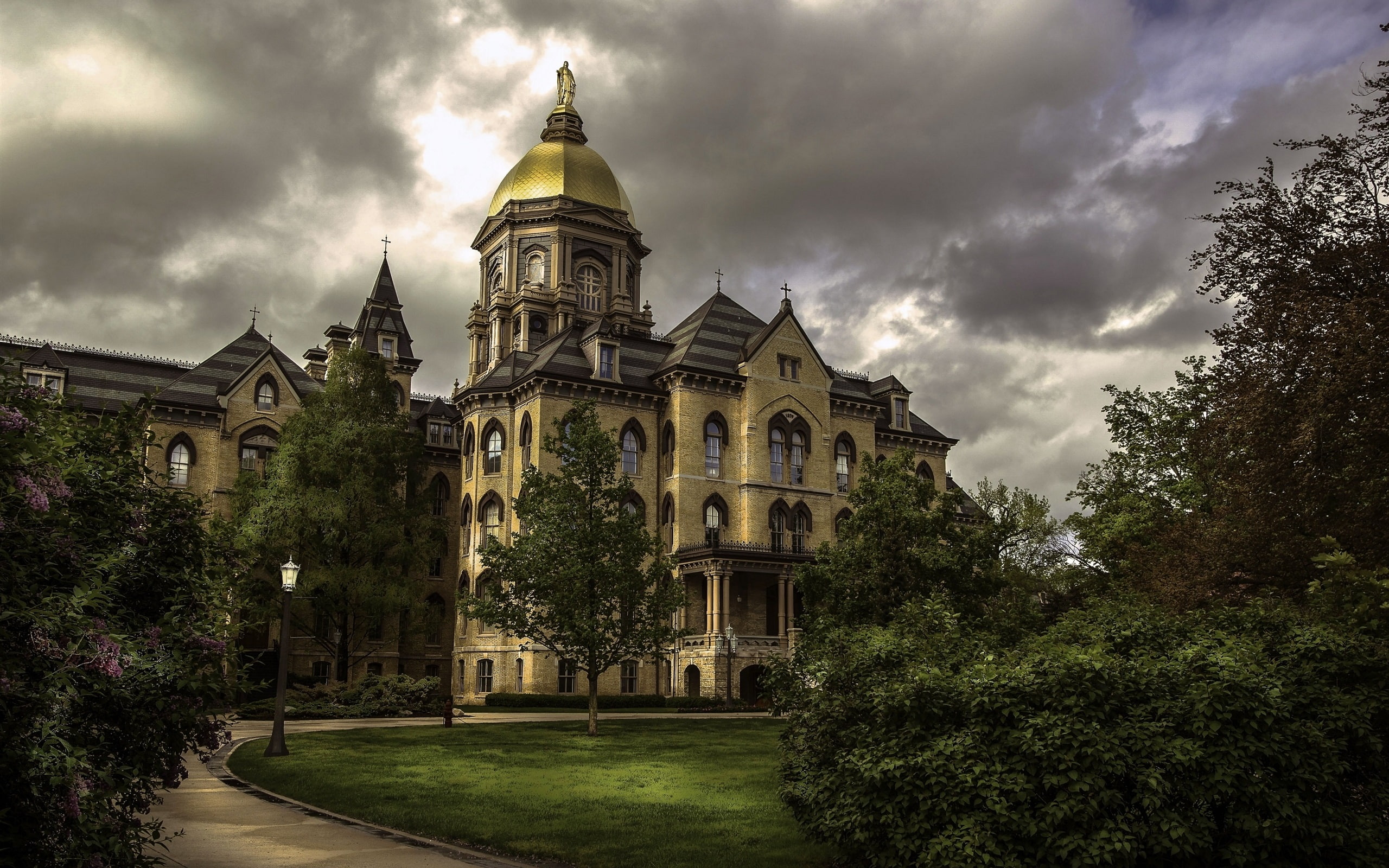 University, Clouds, Trees, Dame, Notre, Indiana, Dusk, USA, 2K, HD Wallpaper