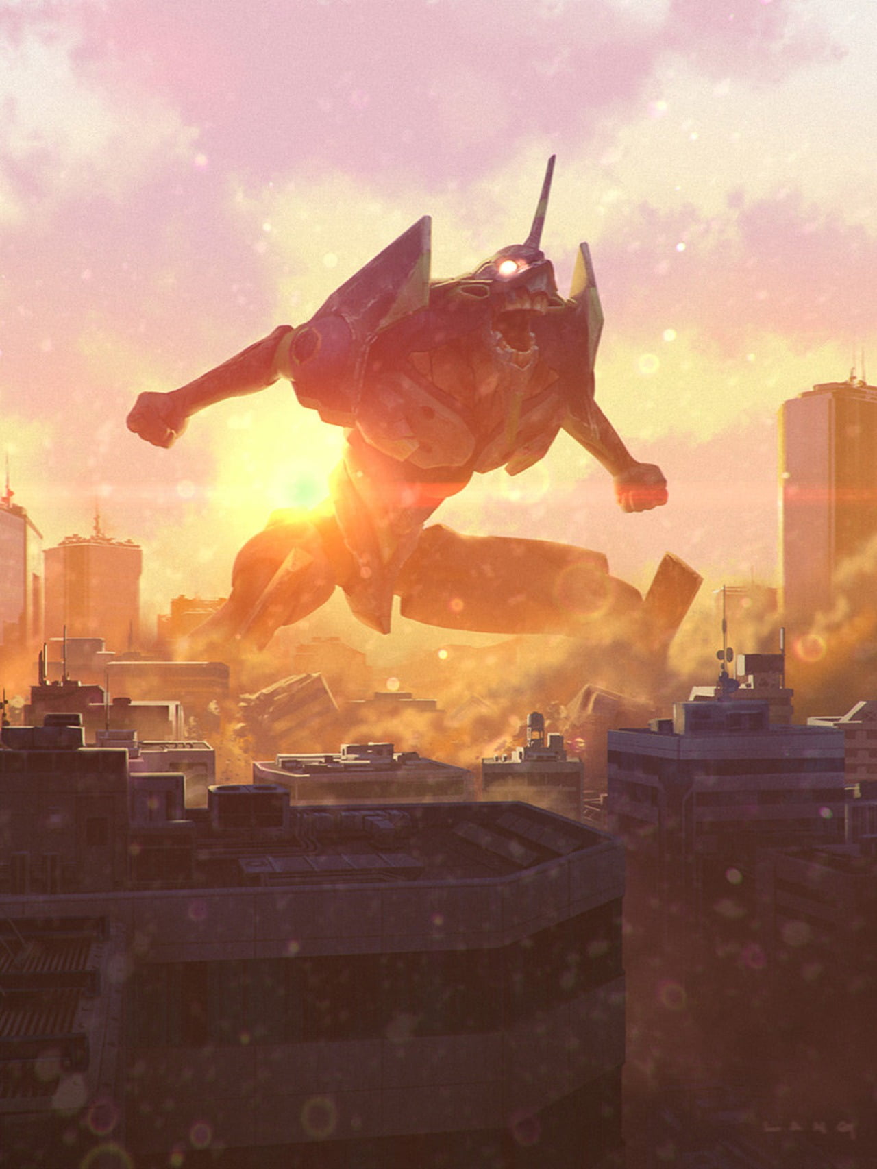 clear sky, mecha fight, fan art, sunset, 720P, mech, vertical, EVA Unit 01, city, Neon Genesis Evangelion, 3D, Phone HD Wallpaper