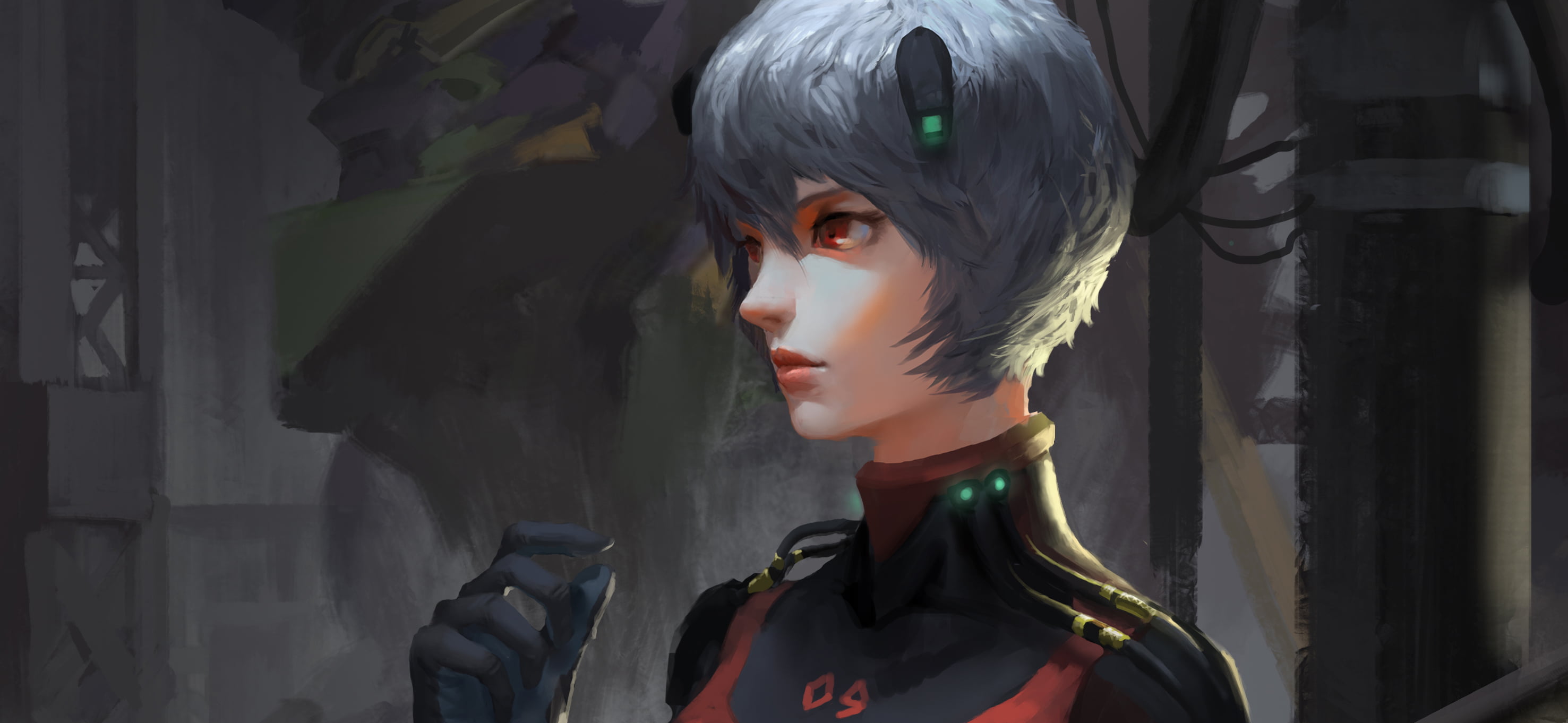 digital art, short hair, red eyes, Neon Genesis Evangelion, blue hair, Ayanami Rei, anime girls, 2K, EVA Unit 01, HD Wallpaper