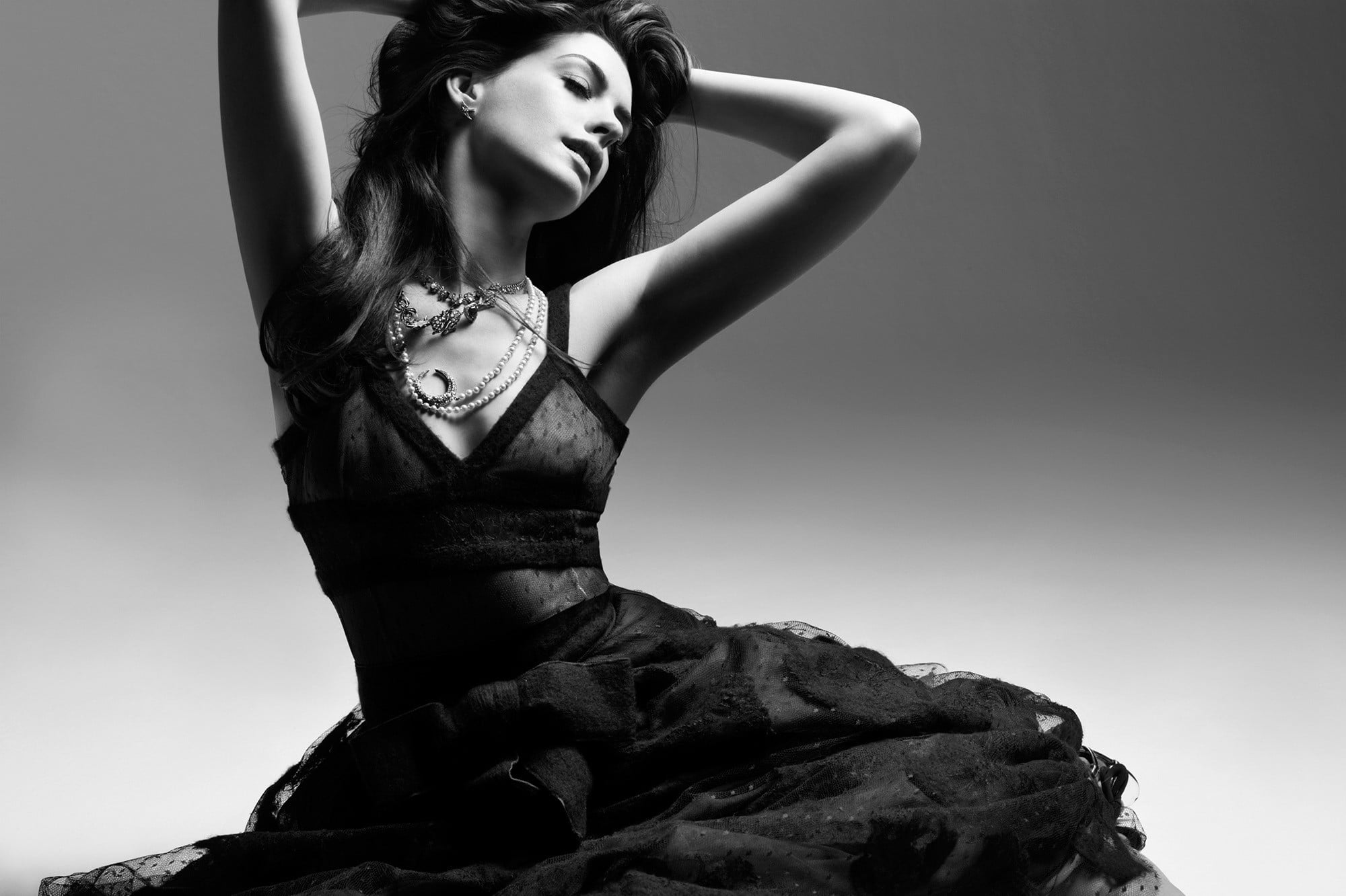 clothing, one person, hairstyle, beautiful woman, woman, hands on head, monochrome, Anne Hathaway, young women, females, fashion, studio shot, photography, HD Wallpaper