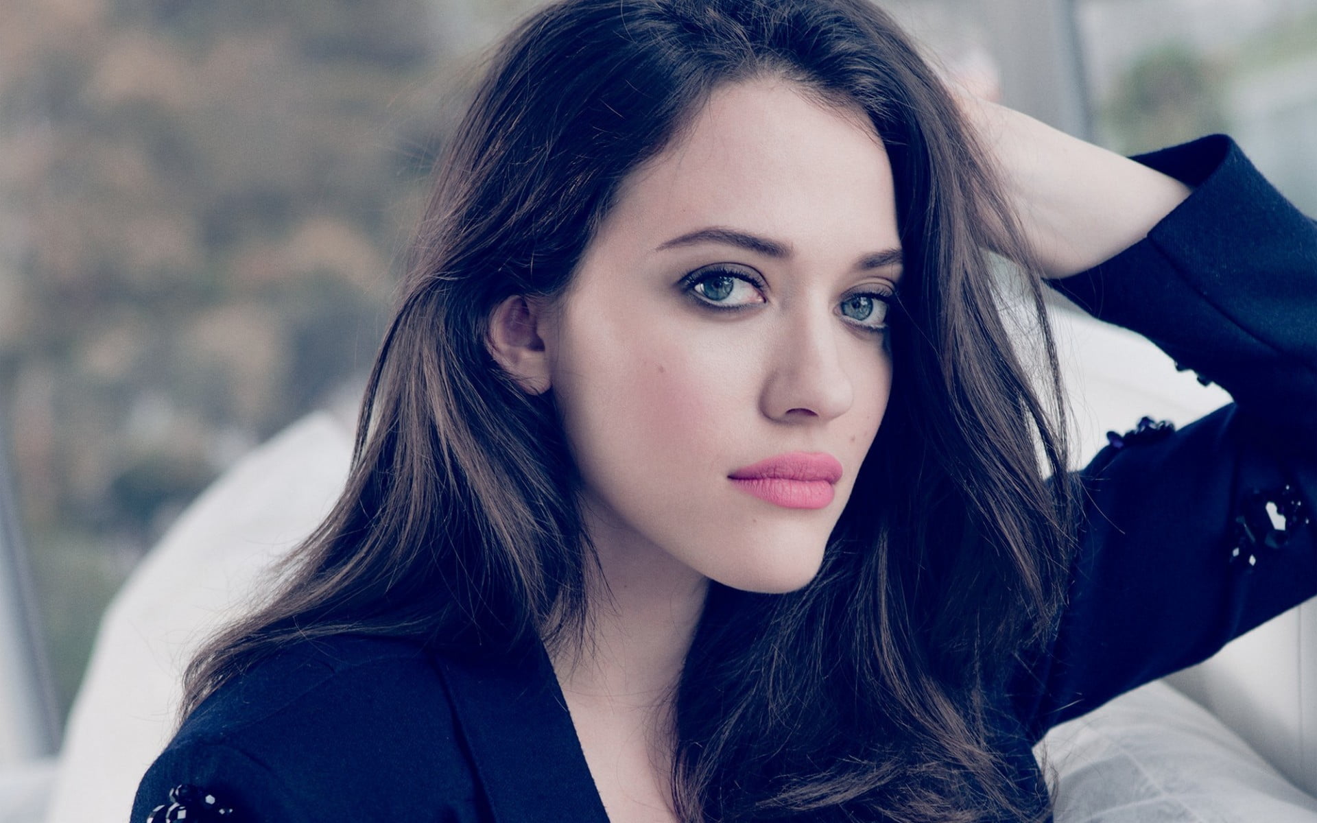 leisure activity, lifestyles, hands on head, hair, close-up, looking at viewer, portrait, hairstyle, looking at camera, young women, celebrity, Kat Dennings, HD Wallpaper