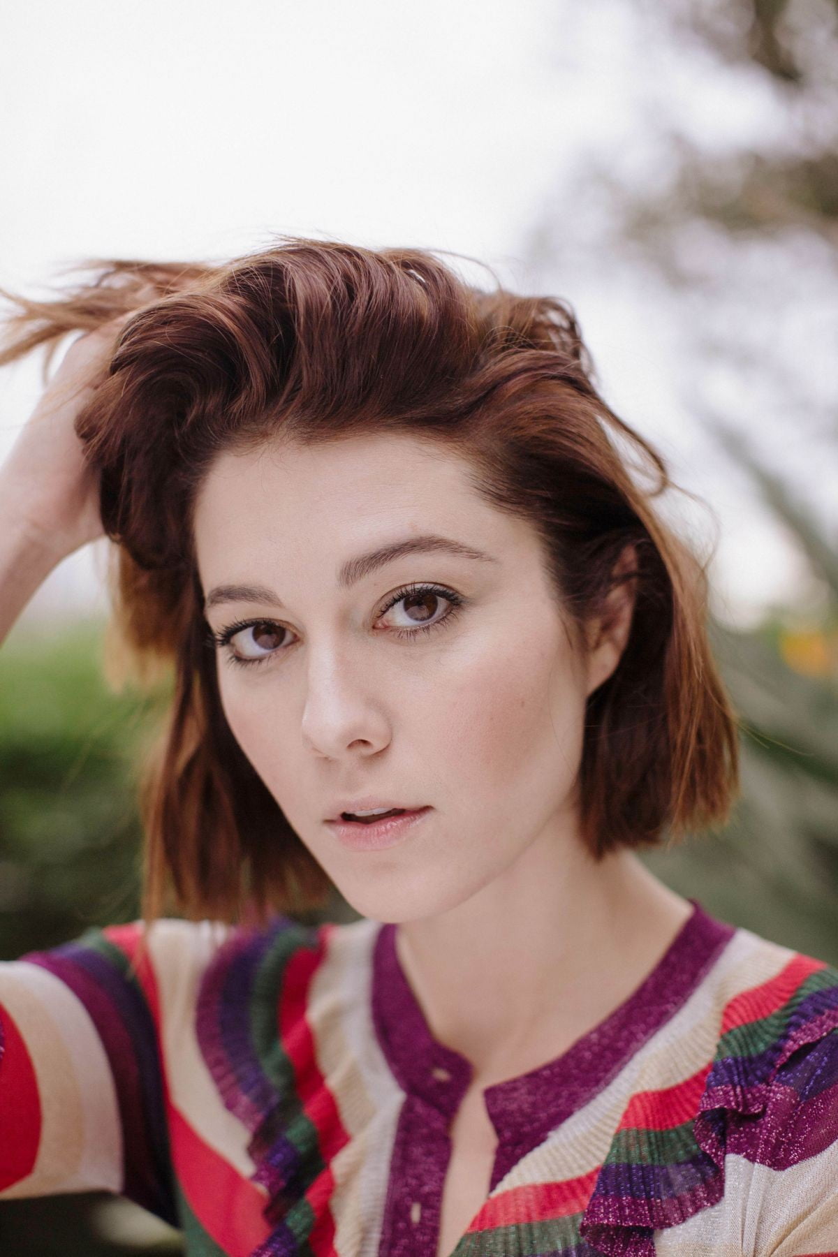 portrait, hands on head, contemplation, human body part, adult, women, redhead, beautiful woman, actress, hairstyle, 720P, brunette, fashion, beauty, looking at camera, Phone HD Wallpaper