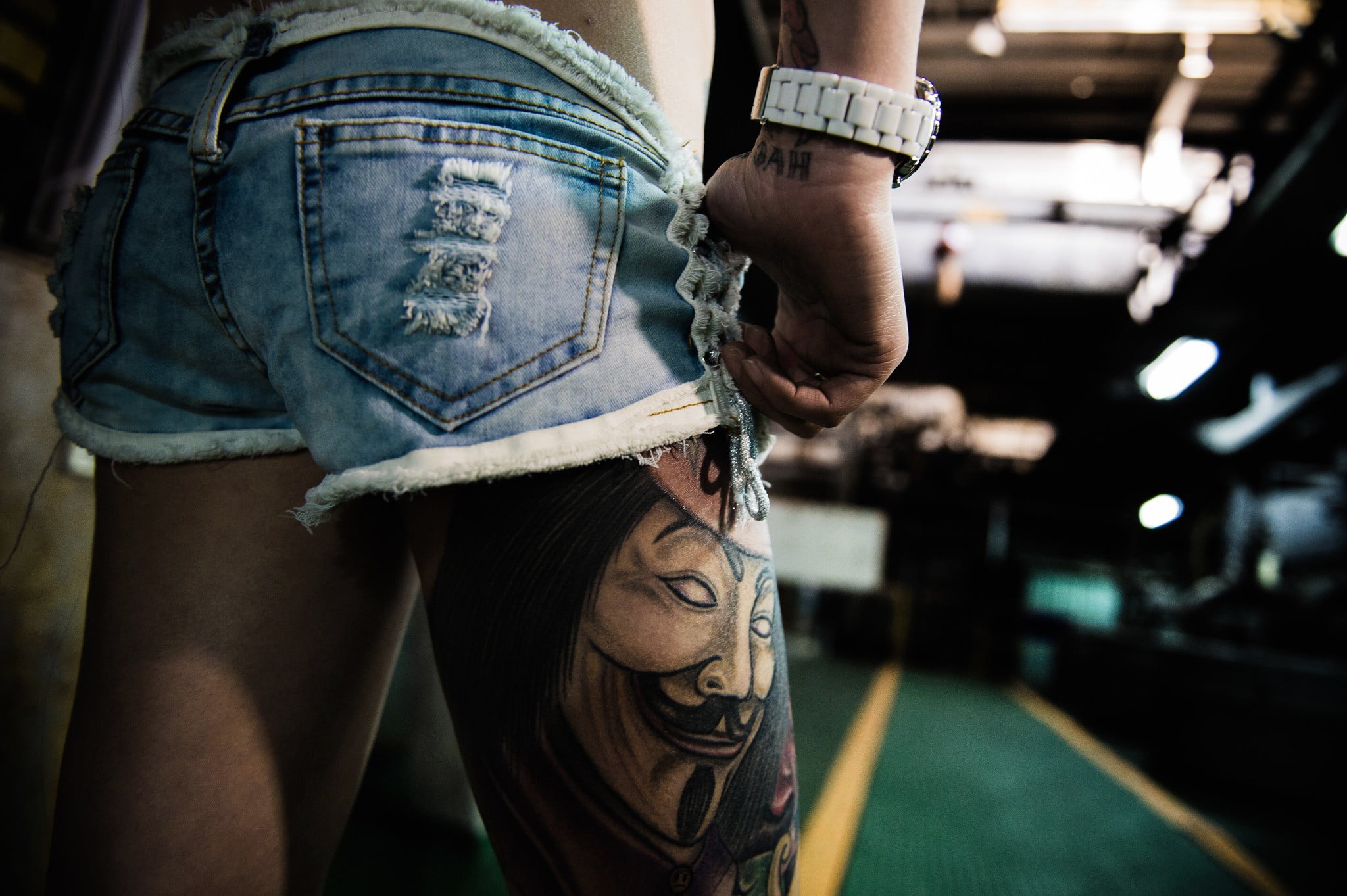 tattoo, hands, casual clothing, human body part, shorts, jeans, close-up, lifestyles, watch, denim, standing, legs, indoors, focus on foreground, midsection, HD Wallpaper