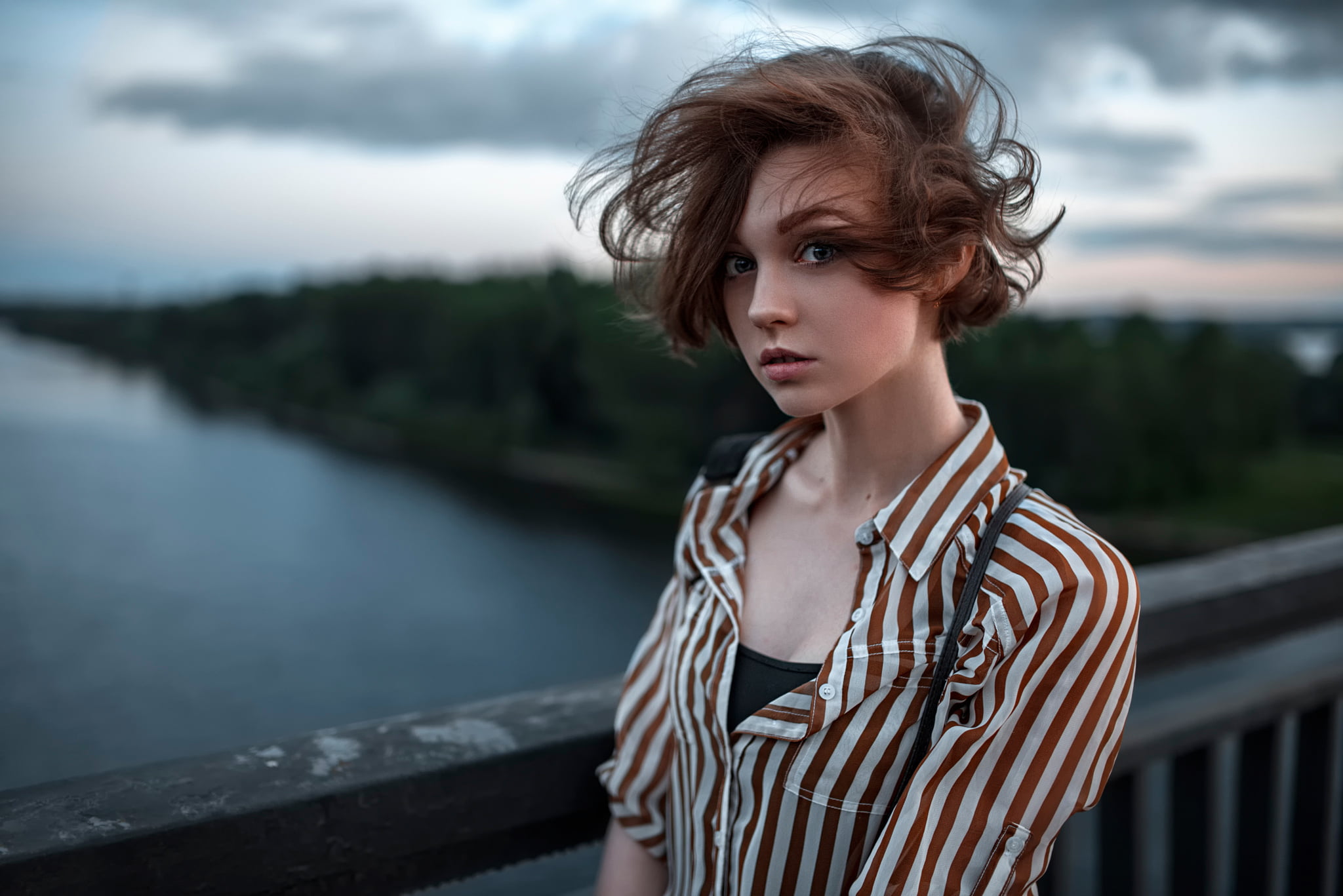caucasian Ethnicity, striped, relaxation, water, collared, hair, the beauty, young Women, women, beautiful woman, nature, day, contemplation, top, real People, HD Wallpaper