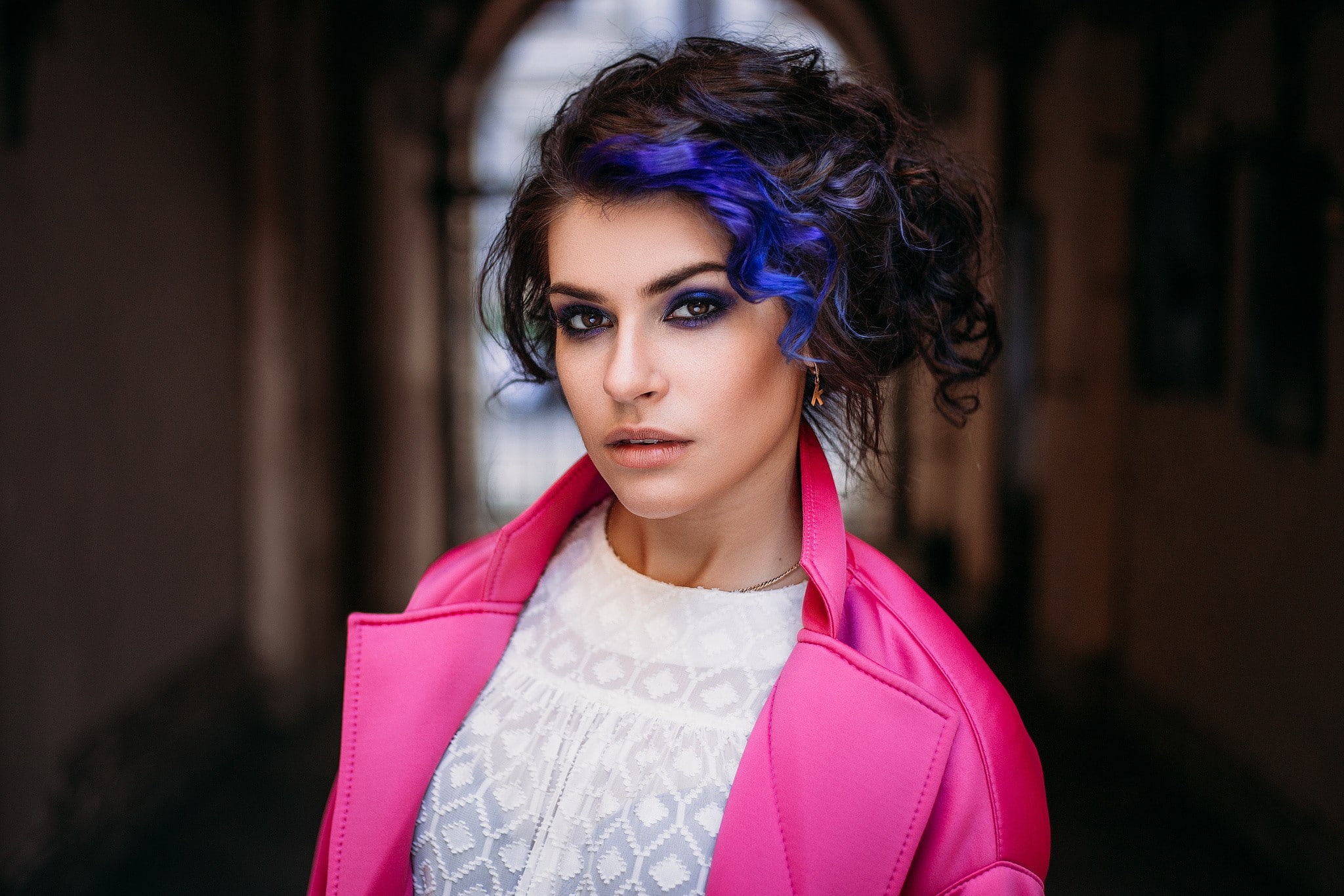 short hair, face, women, Ivan Proskurin, smoky eyes, brown eyes, brunette, 1080P, dyed hair, lightroom, Photoshop, portrait, HD Wallpaper