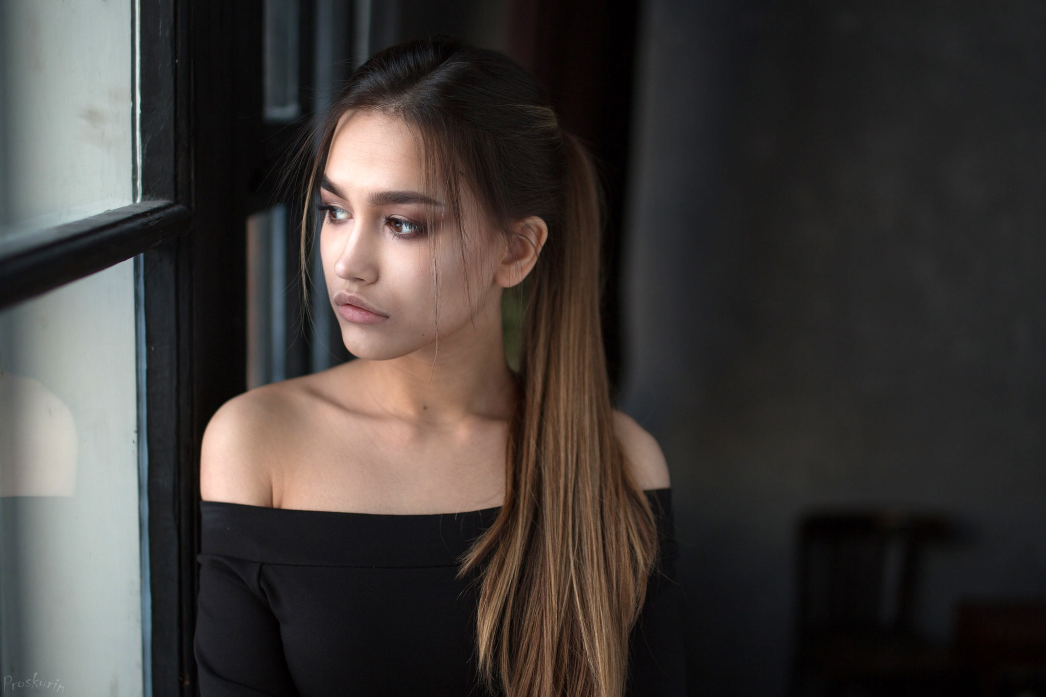 1080P, brown hair, makeup, Nastya, in black, Anastasia Lis, Ivan Proskurin, window, dress, is, hairstyle, beauty, portrait, HD Wallpaper
