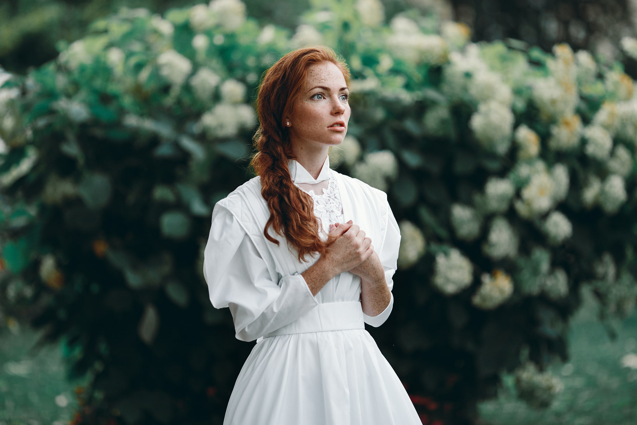 girl, freckled, spring, blue-eyed, pretty, young, classic, Ivan Proskurin, lilac, white, Oksana Butovo, dress, portrait, russian, bokeh, fashion, beauty, HD Wallpaper