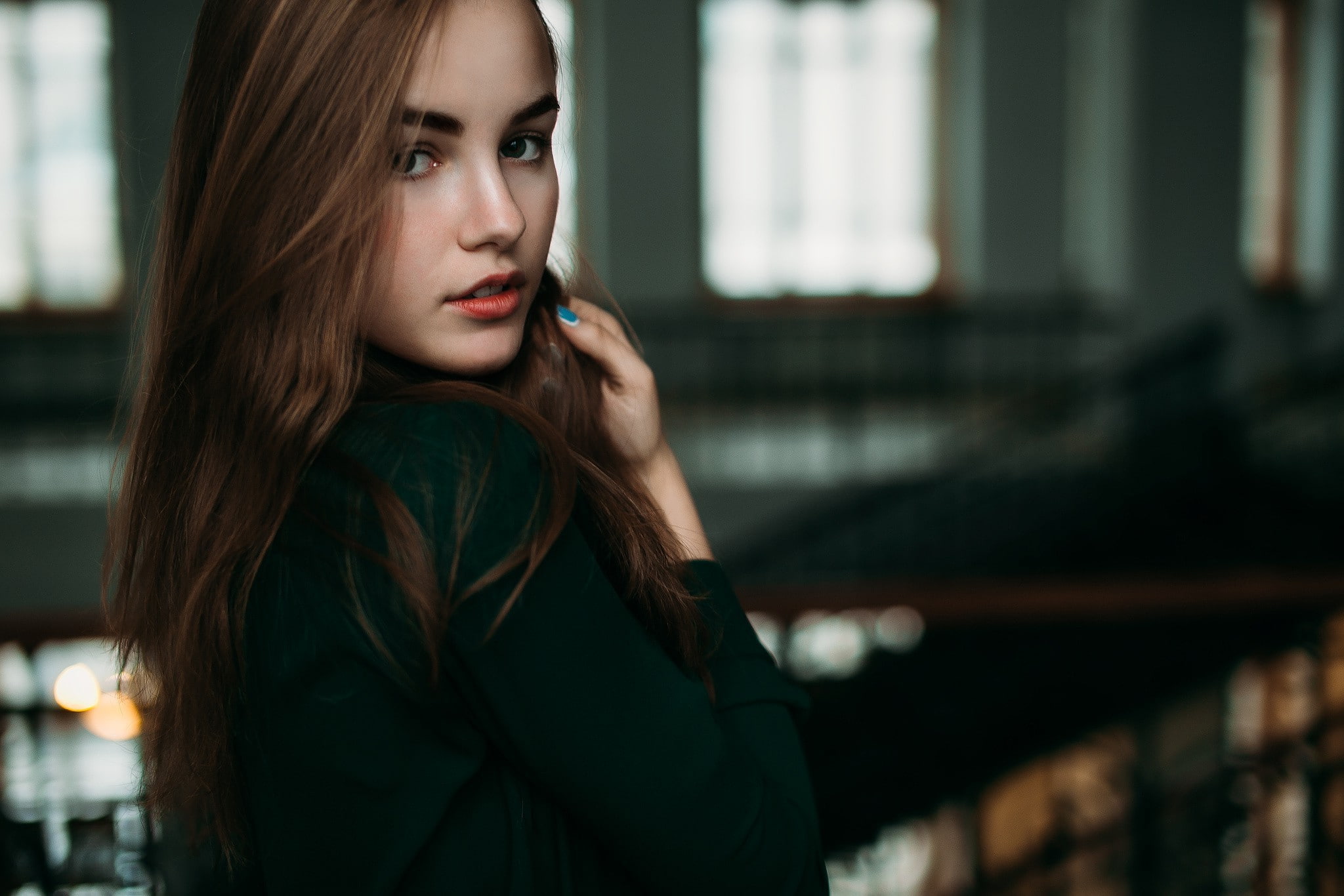 lipstick, adult, Sweater, headshot, real people, contemplation, young adult, beautiful woman, 1080P, looking at camera, hair, focus on foreground, model, HD Wallpaper