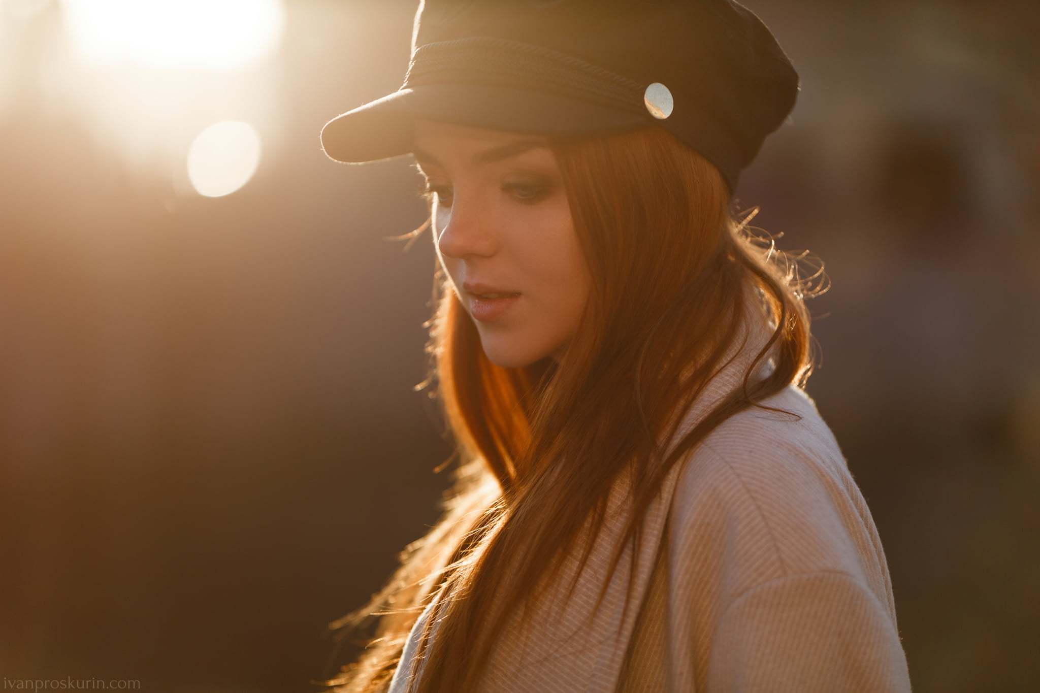 women, coats, depth of field, Ekaterina Sherzhukova, long hair, looking away, side view, lens flare, sunset, redhead, model, outdoors, women outdoors, Ivan Proskurin, HD Wallpaper