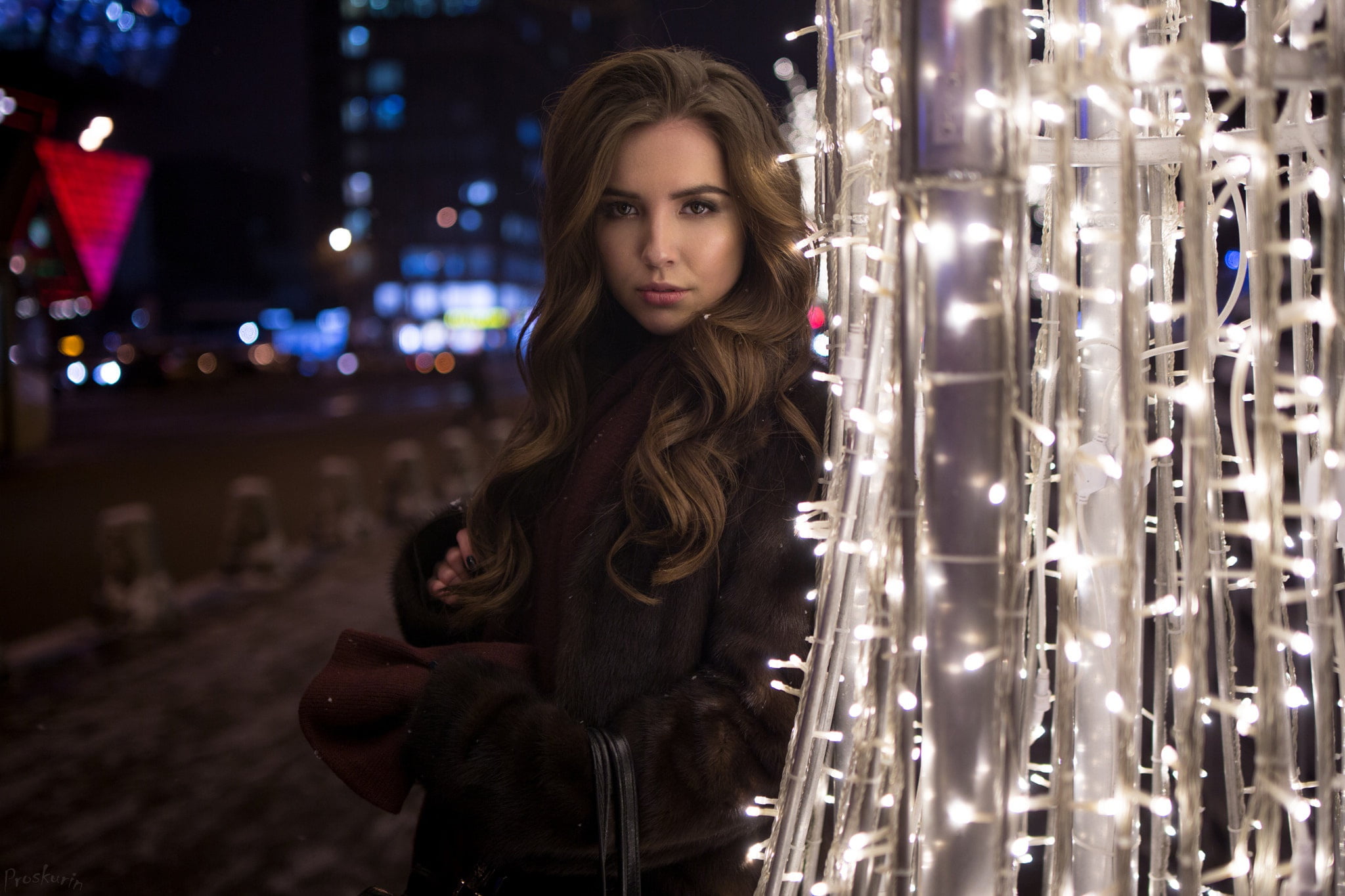 illuminated, glare, front view, beauty, Yana, long hair, young women, 1080P, contemplation, makeup, snowflakes, standing, Ivan Proskurin, look, portrait, HD Wallpaper