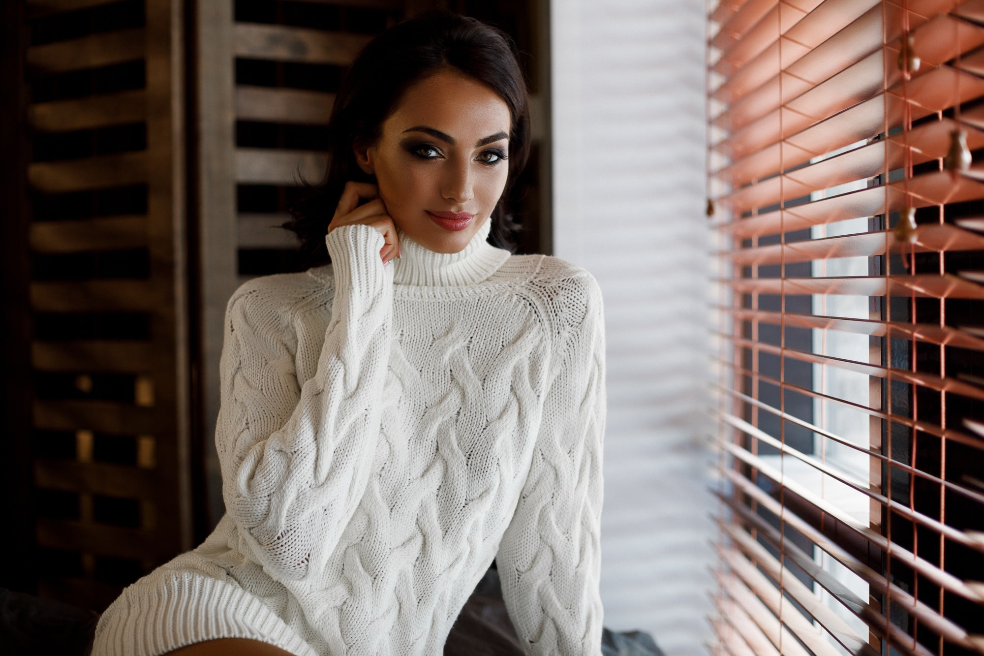 sweater, 1080P, women, white sweater, Alexander Sasin, HD Wallpaper
