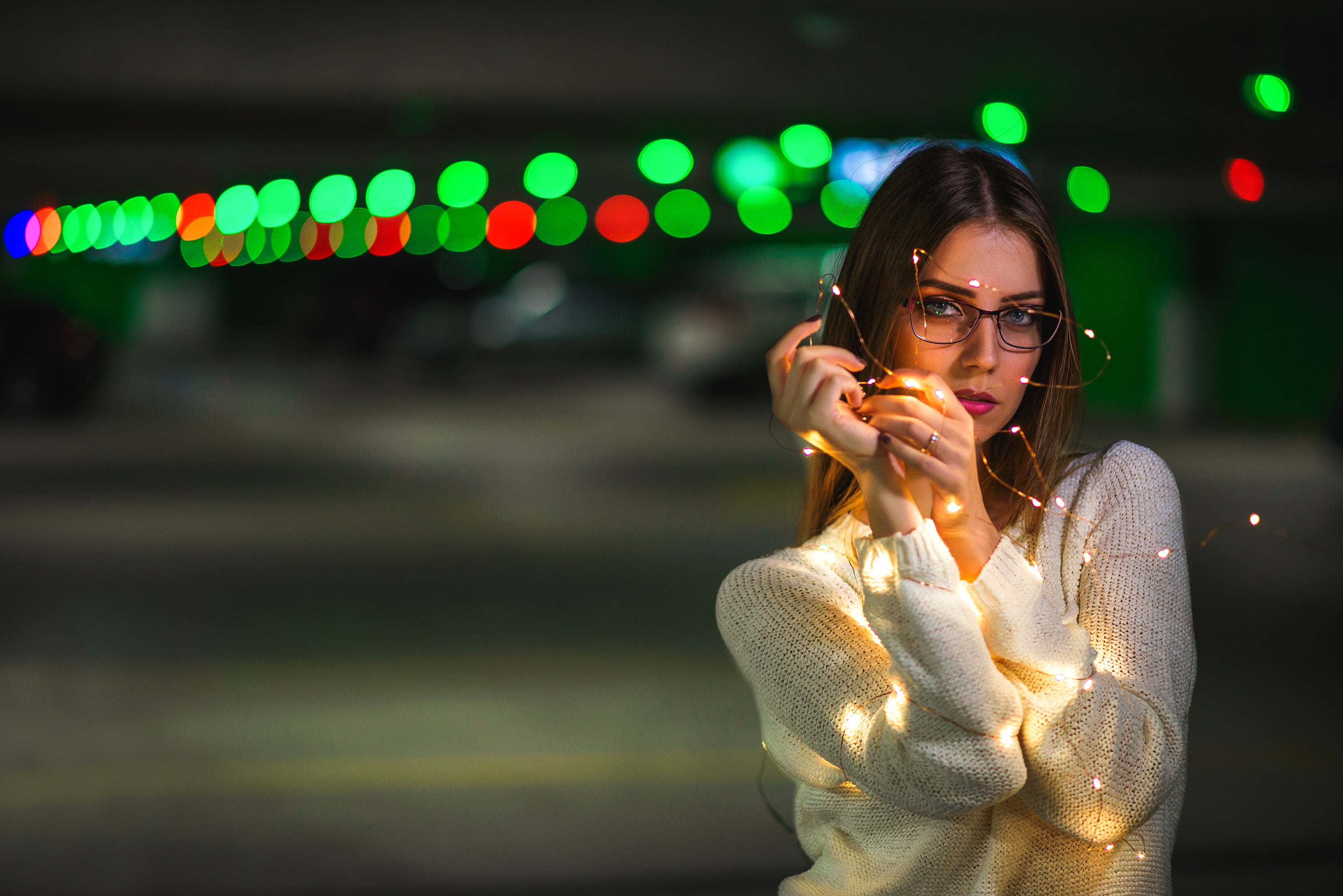 sweater, glasses, nightlife, white sweater, waist up, fashion, glowing, young women, Dmitry Medved, lighting equipment, women with glasses, lifestyles, HD Wallpaper