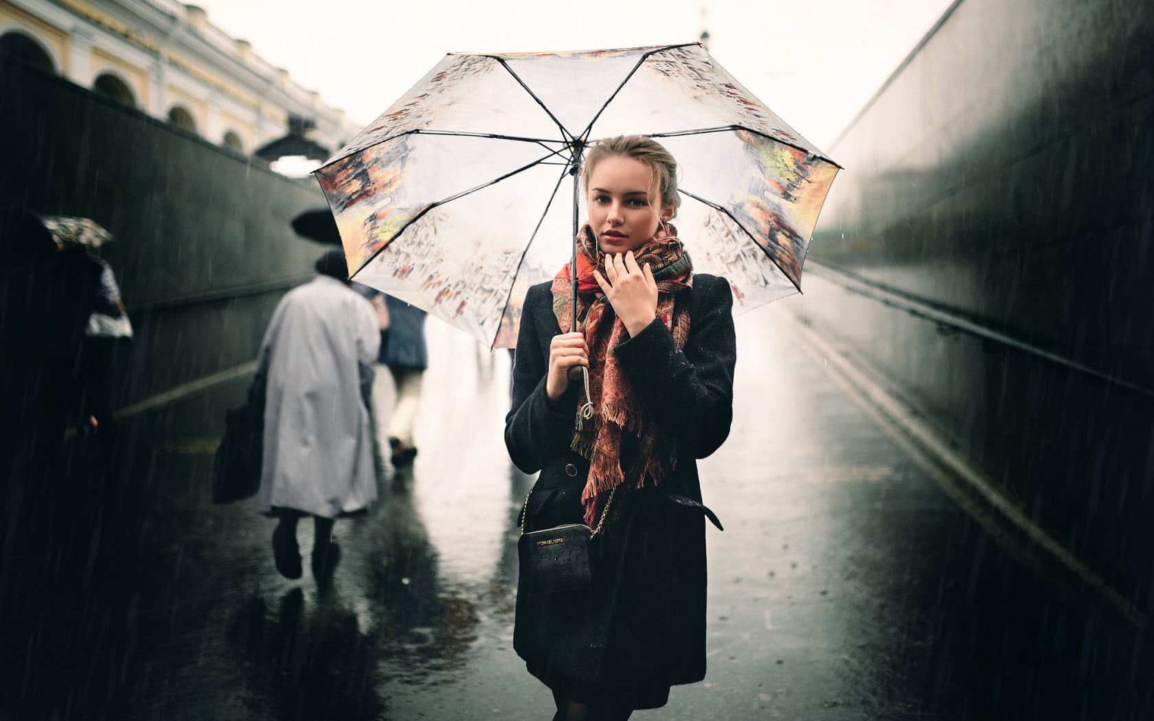 Ivan Proskurin, model, women, 720P, black coat, umbrella, Julia Tavrina, brunette, HD Wallpaper