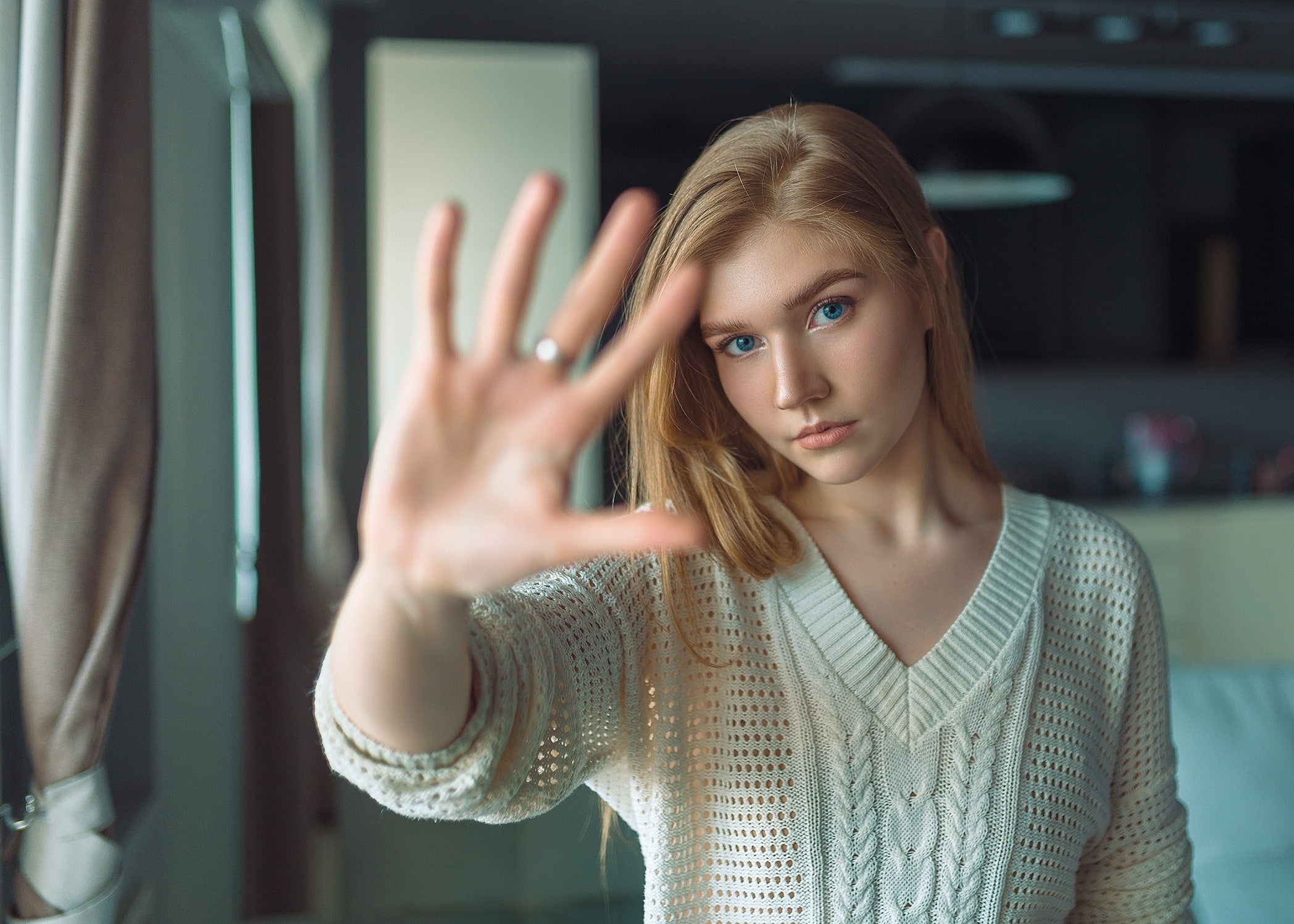 blonde, portrait, white sweater, 1080P, women, depth of field, face, blue eyes, HD Wallpaper