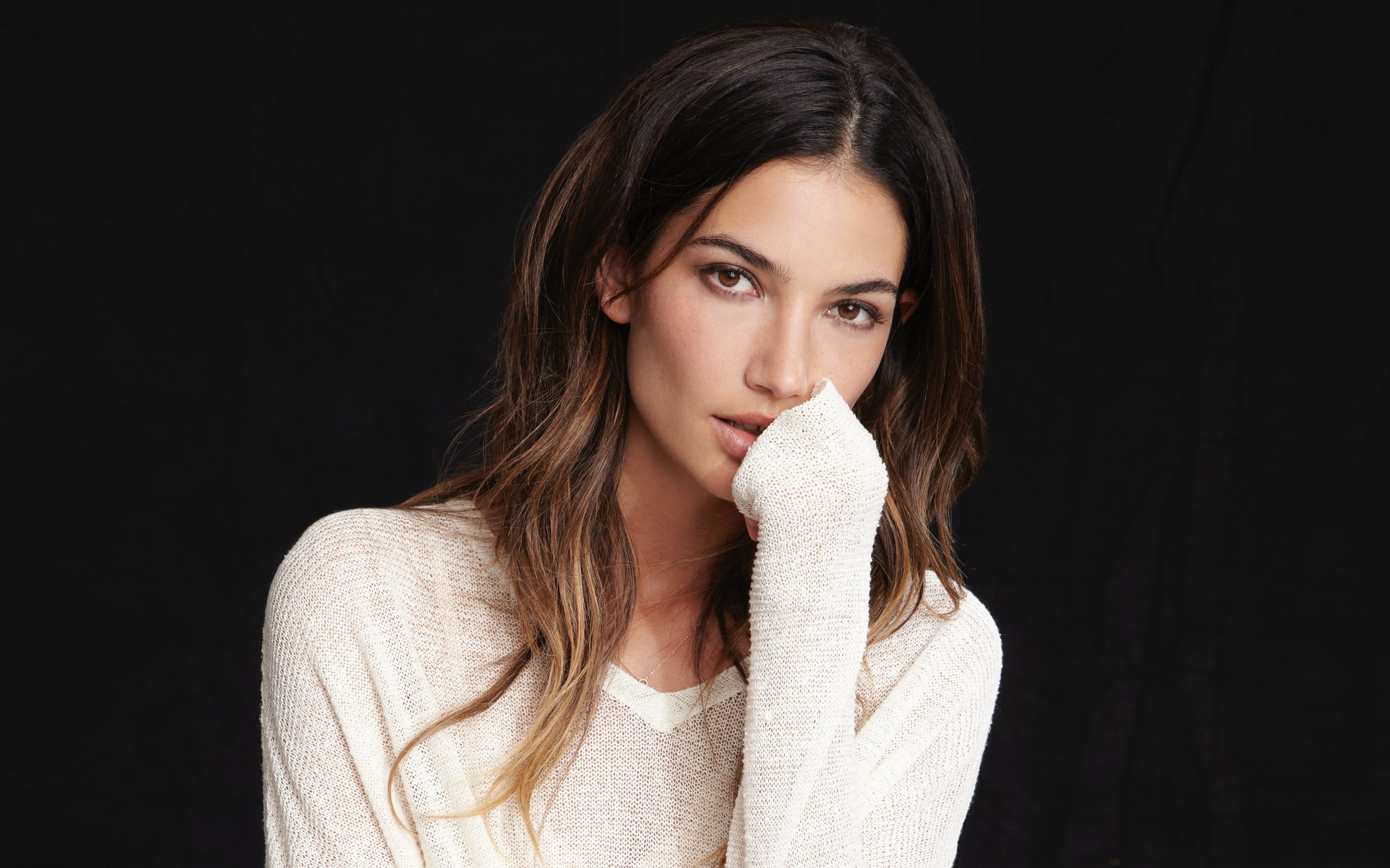 beauty, Lily Aldridge, one person, black background, hairstyle, model, sweater, brunette, front view, 2K, white tops, indoors, portrait, studio shot, headshot, HD Wallpaper