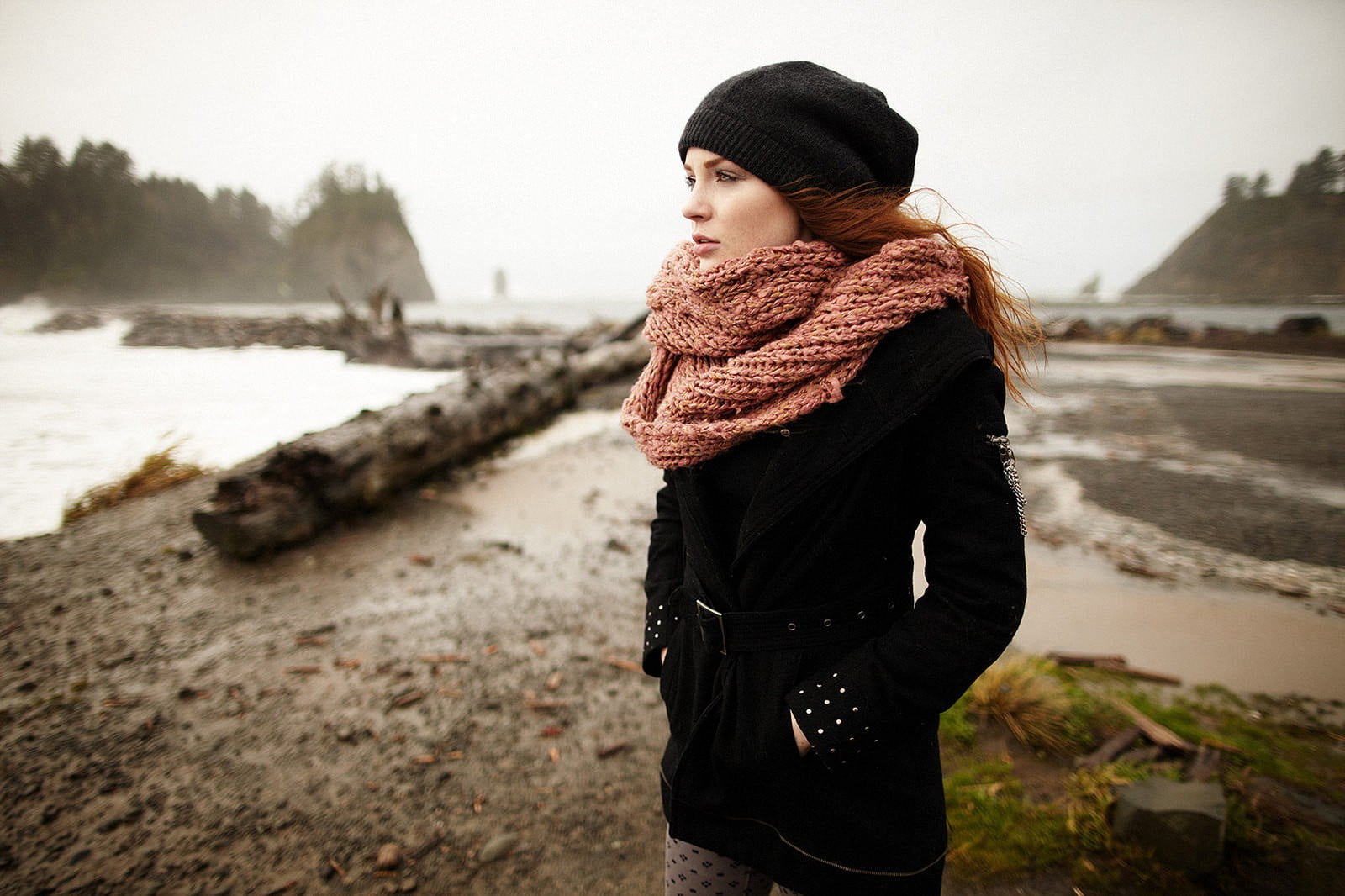 nature, contemplation, 720P, hairstyle, hat, real people, standing, outdoors, water, looking away, knit hat, women, young women, winter, black coat, clothing, HD Wallpaper