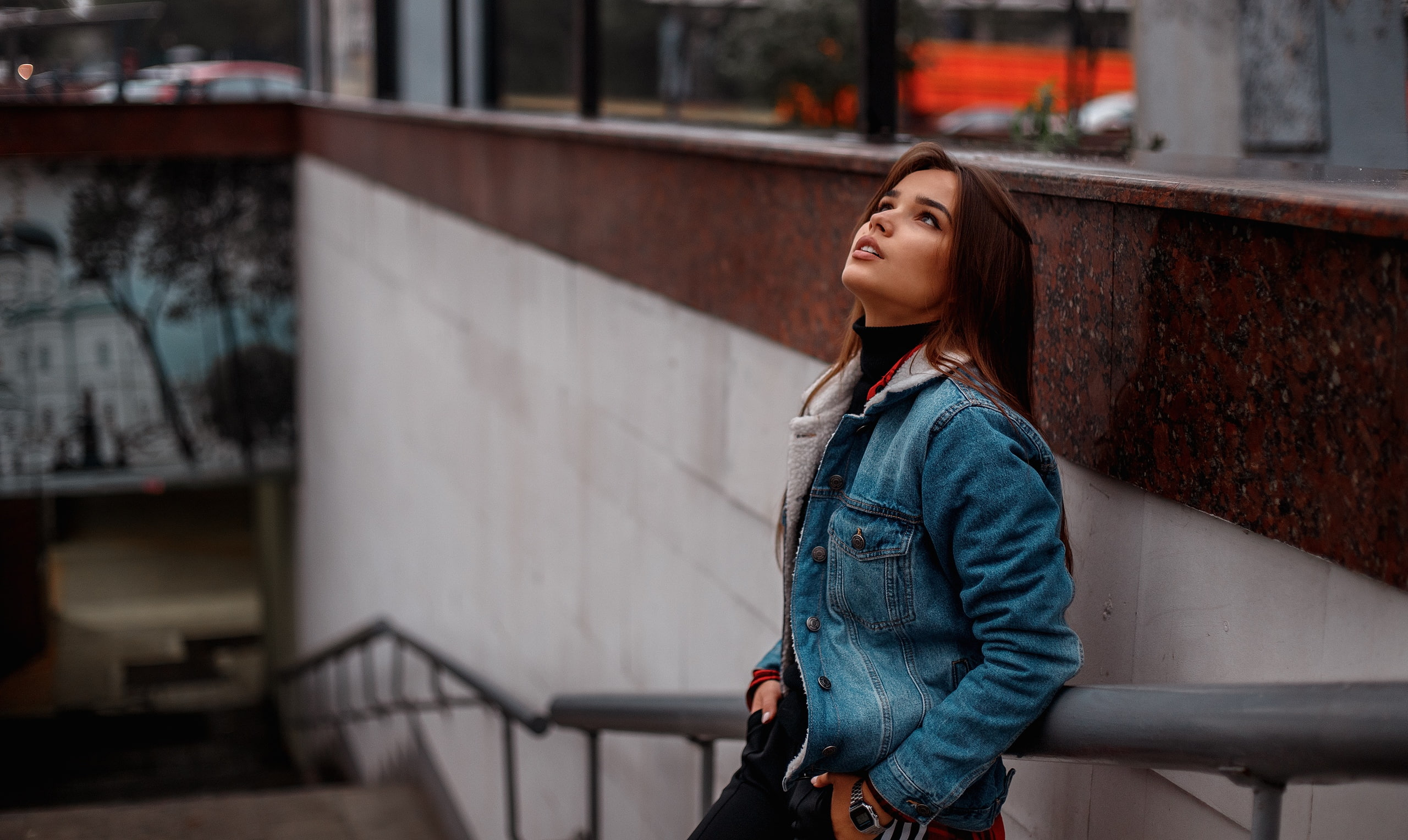 denim, black sweater, women, brunette, brown eyes, women outdoors, looking up, open mouth, portrait, 2K, hands in pockets, jeans jacket, HD Wallpaper