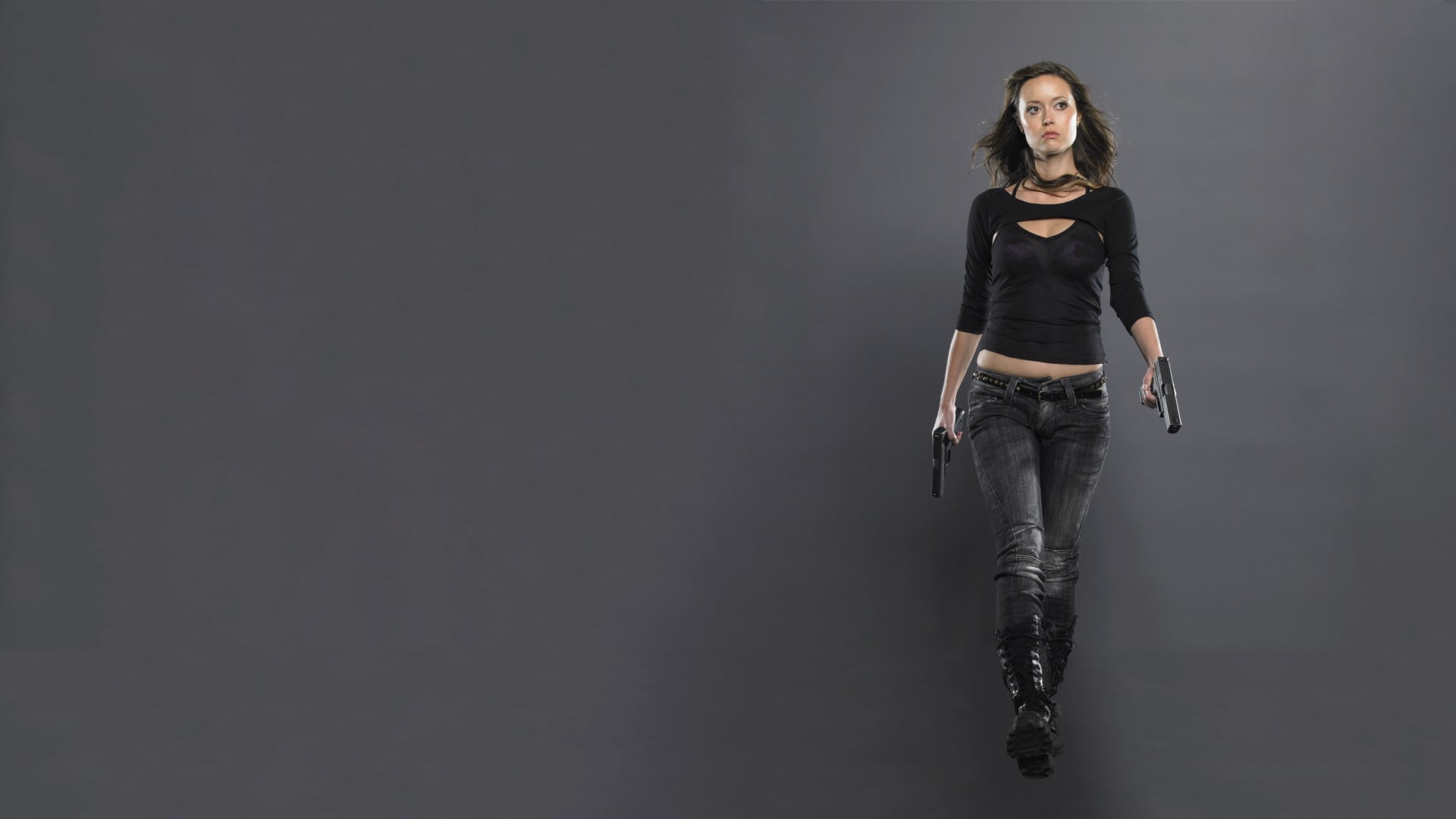 fashion, jeans, adult, indoors, hairstyle, standing, portrait, leather, clothing, 1080P, studio shot, women, gray background, copy space, leather jacket, HD Wallpaper