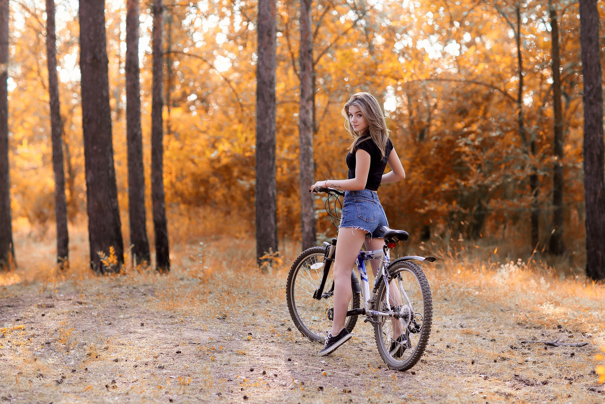 trees, sneakers, forest, shorts, brown hair, girl, walk, autumn, mood, Park, bike, stay, figure, nature, hairstyle, t-shirt, 1080P, HD Wallpaper