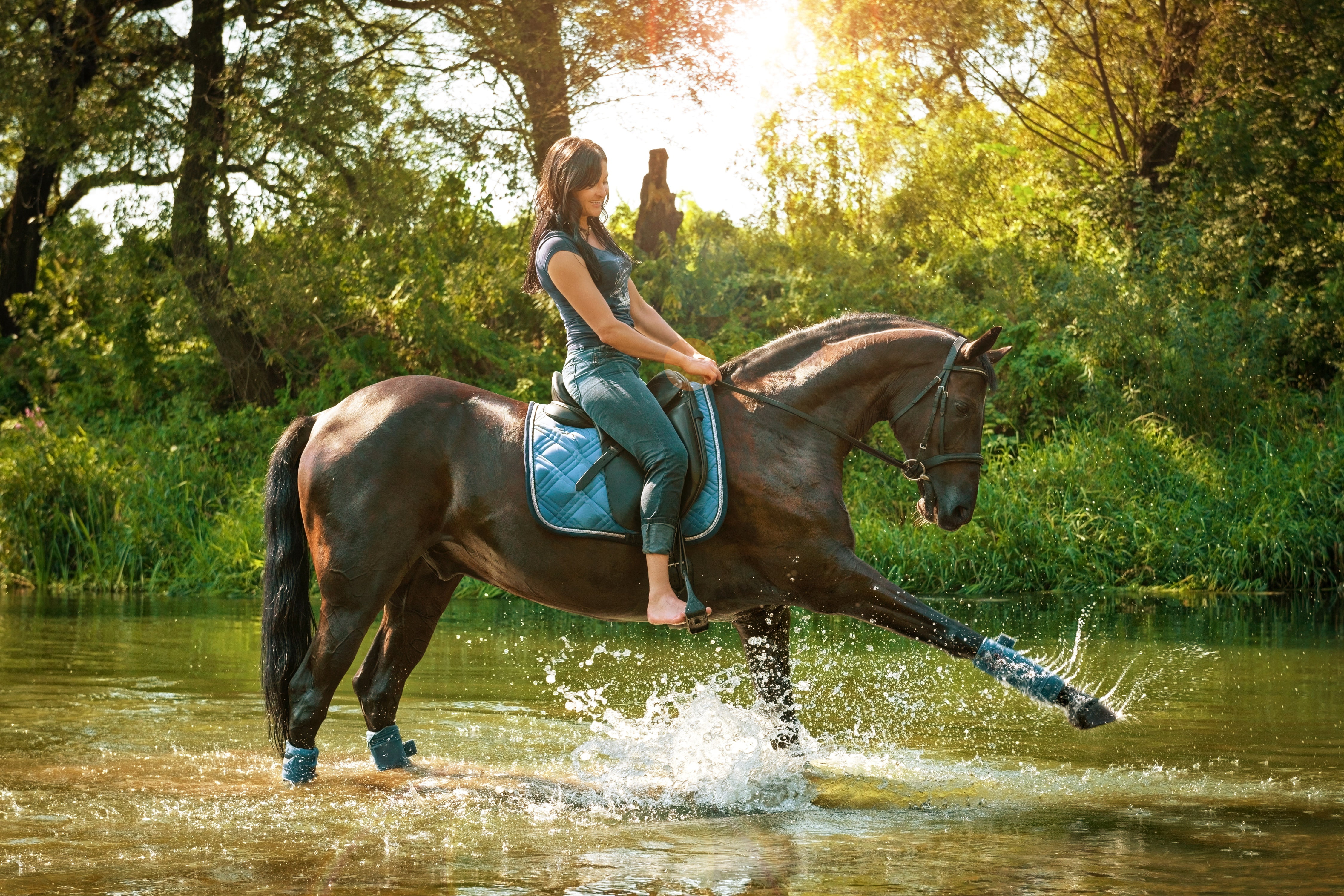 young adult, sitting, animal wildlife, river, s, brunette, the bushes, blue, jeans, barefoot, water, lifestyles, riding, nature, herbivorous, sleeved, shirt, HD Wallpaper