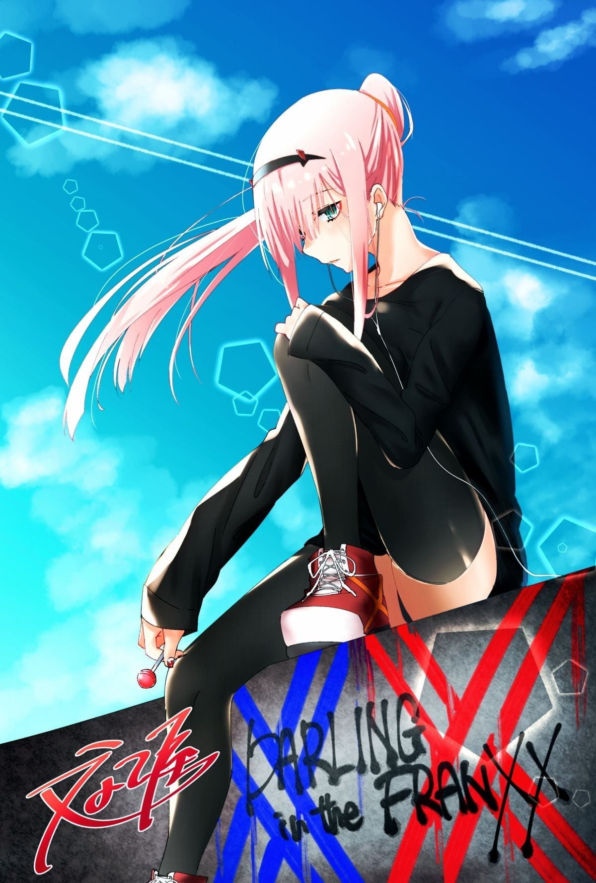 Black clothes, graffiti, Zero Two (Darling in the FranXX), pink hair, 720P, Phone HD Wallpaper