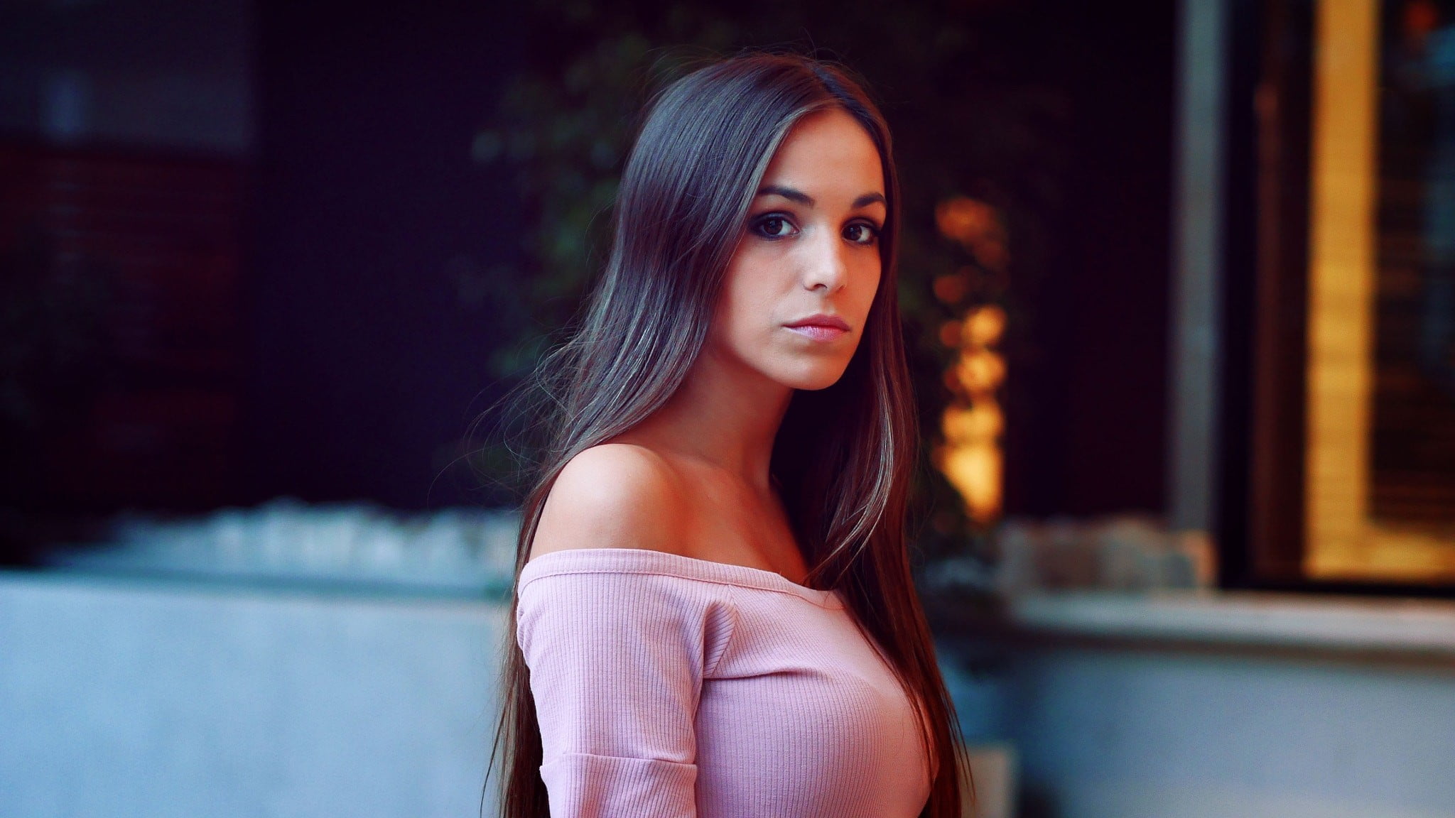 contemplation, young adult, adult, women, looking, hairstyle, 1080P, depth of field, Adriano Perticone, pink clothing, long hair, model, young women, face, HD Wallpaper