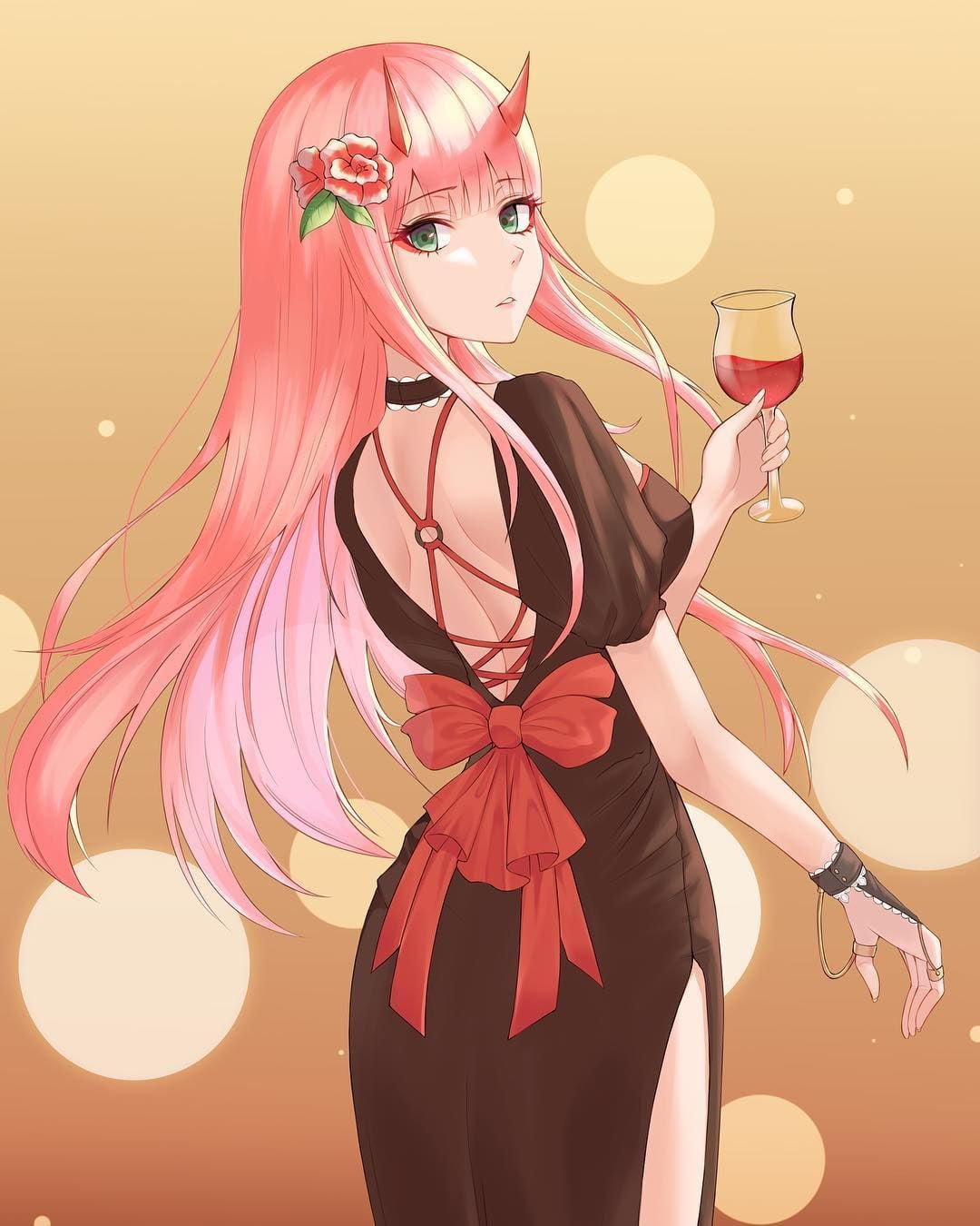 Black clothes, 720P, Zero Two (Darling in the FranXX), looking at viewer, flower in hair, pink hair, Phone HD Wallpaper
