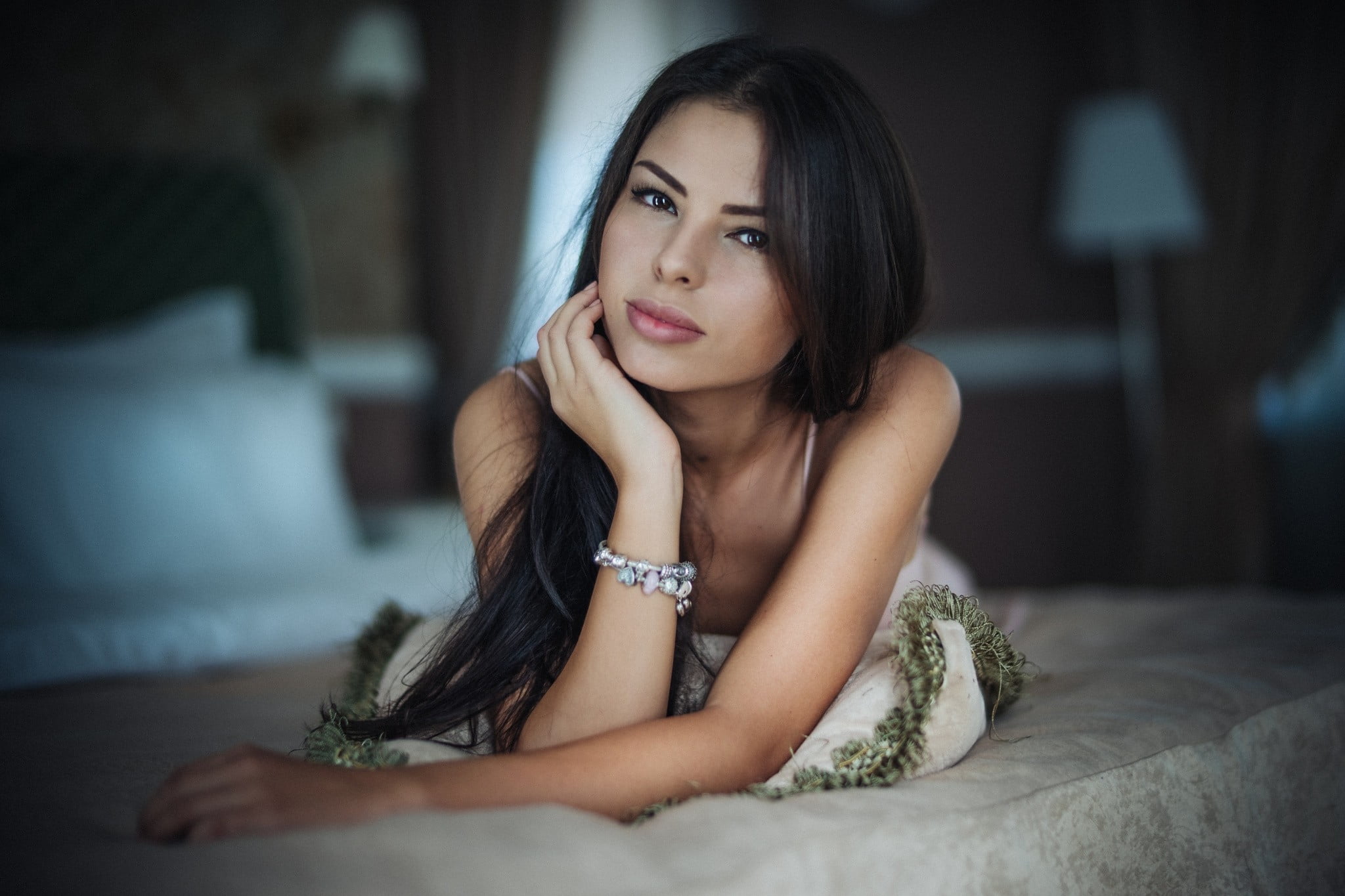 indoors, beauty, sitting, brown hair, domestic room, hair, portrait, looking, women, beautiful woman, young adult, Paul Toma, long hair, black hair, beautiful people, HD Wallpaper