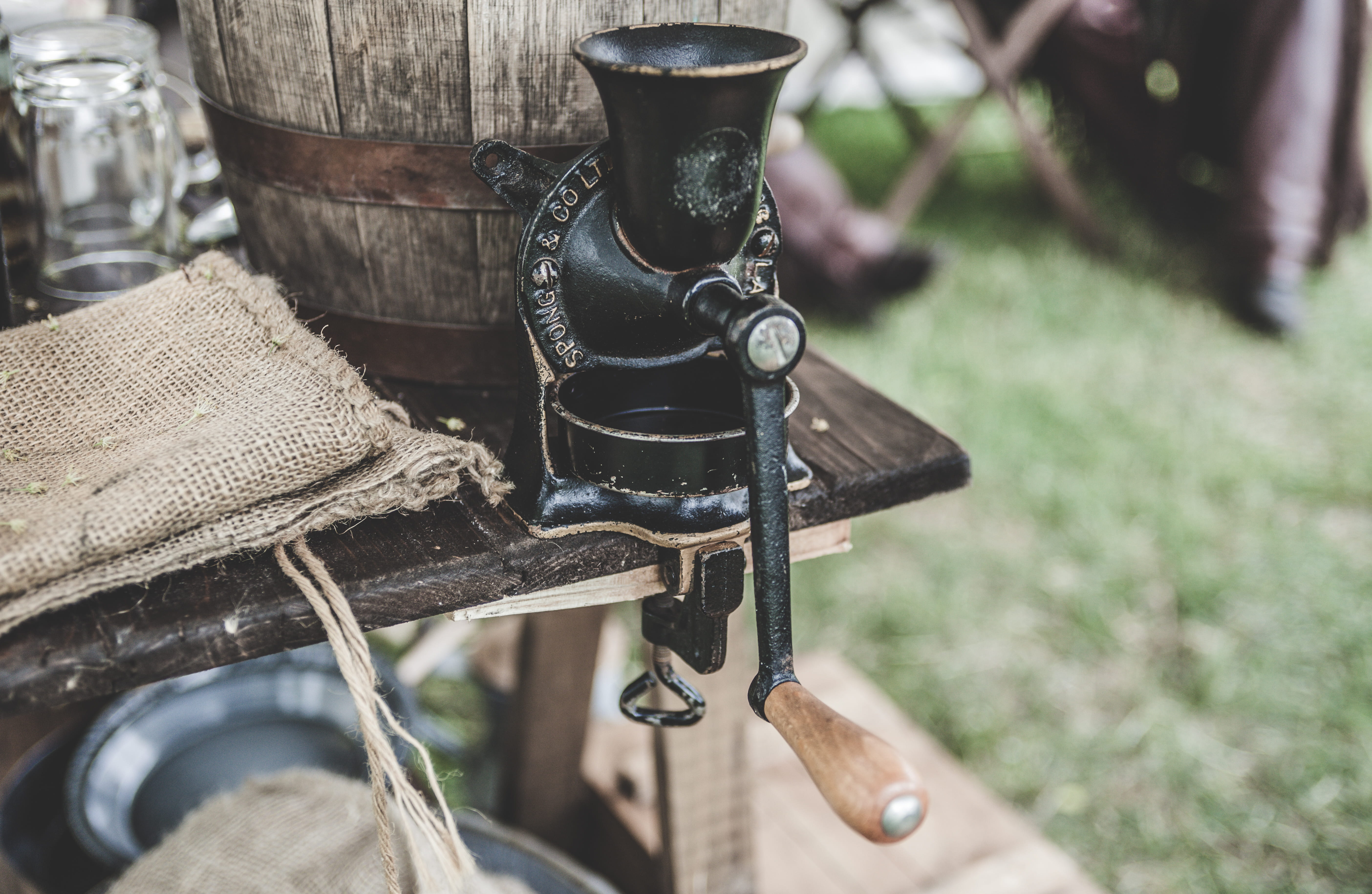 grinder, hanging, rustic, wheel, hessian, rope, no people, selective focus, coffee grinder, antique, transportation, day, vintage, land vehicle, design, HD Wallpaper