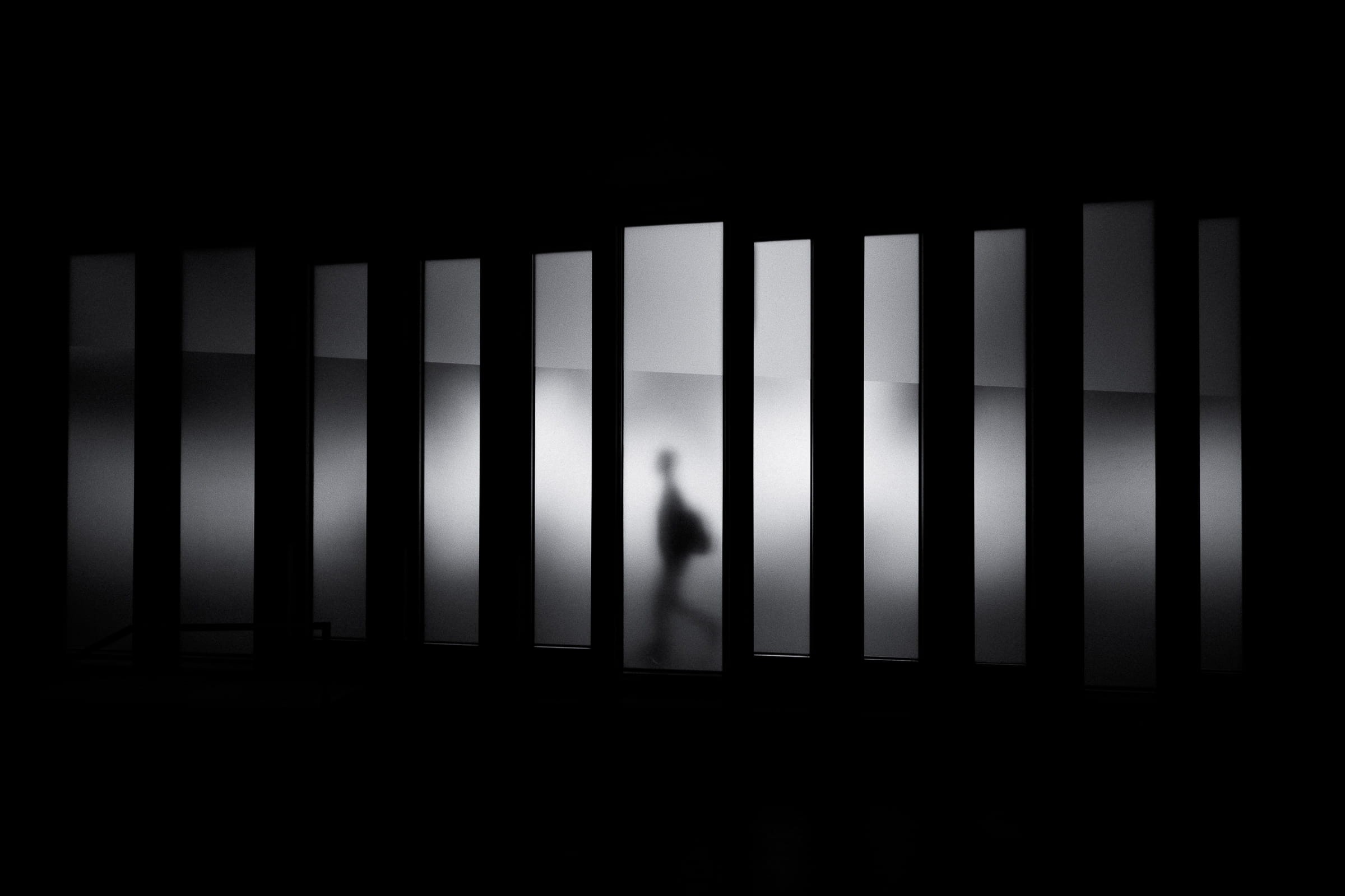 panel, full length, photo, grayscale, standing, day, mystery, illustration, person, 1080P, backgrounds, indoors, dark, black Color, glass - material, people, HD Wallpaper
