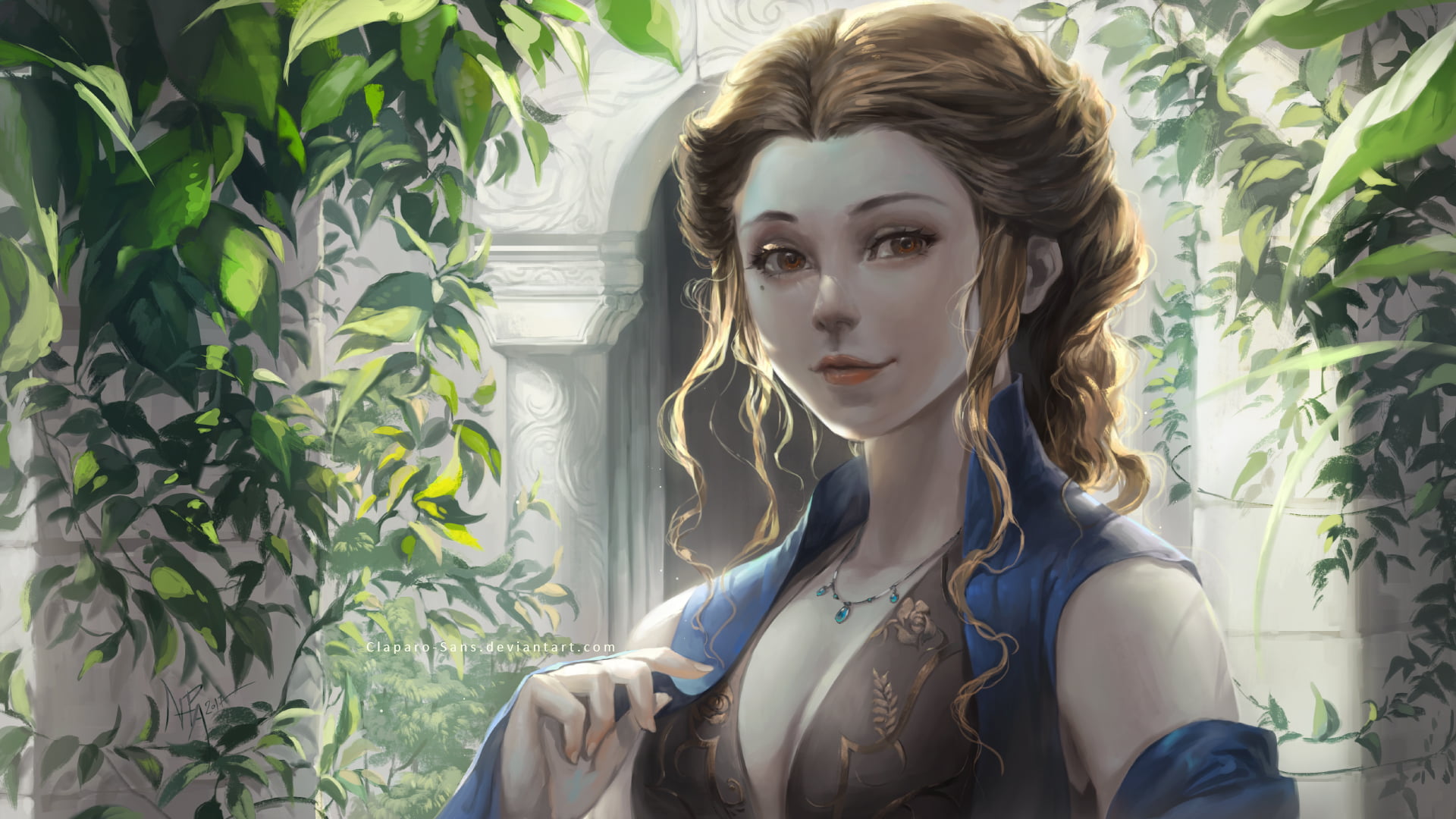 character, contemplation, front view, adult, looking at camera, artwork, blue, portrait, plant, Margaery Tyrell, A Song of Ice and Fire, lifestyles, HD Wallpaper