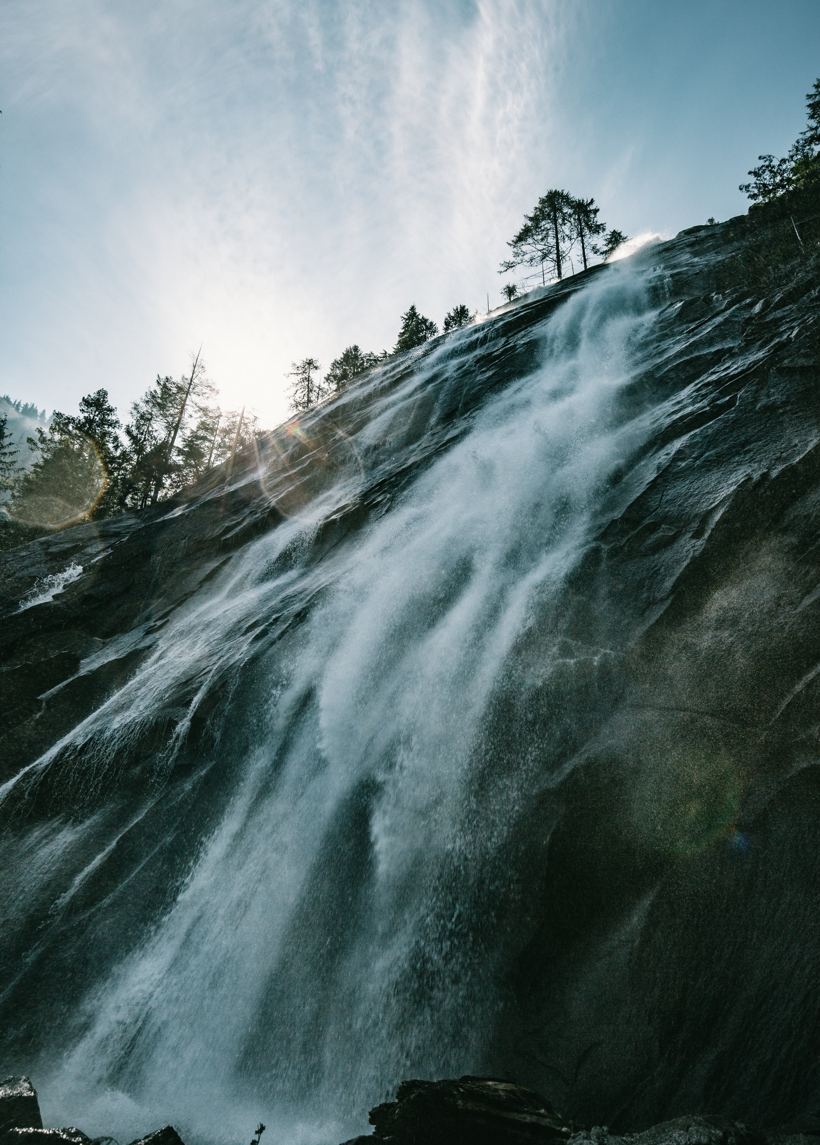 sea, no people, mountain, plunge, trees, falls, 4K, flowing water, river, non-urban scene, blurred motion, forest, clouds, splash, scenics, outdoors, plant, Phone HD Wallpaper