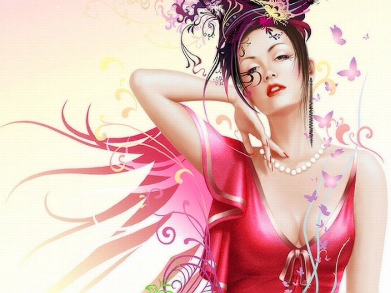 neckline, 720P, sleeveless, dress, Fantasy, plunging, woman, Women, digital, red, HD Wallpaper