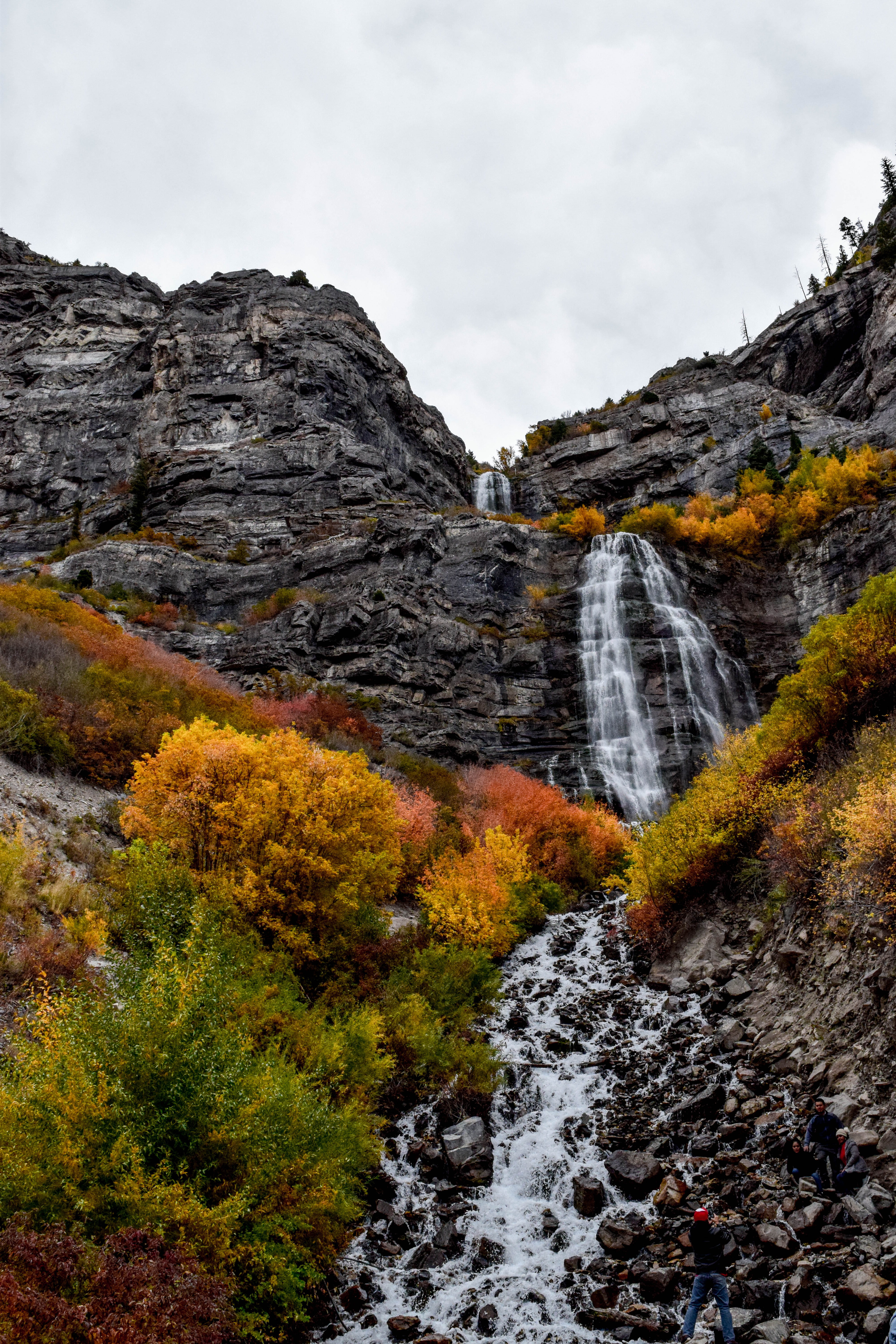 stream, sky, solid, flowing water, scenics - nature, tranquility, tree, autumn, fall, waterfalls, time, change, green, rocky, rock - object, cumulus, yellow, Phone HD Wallpaper