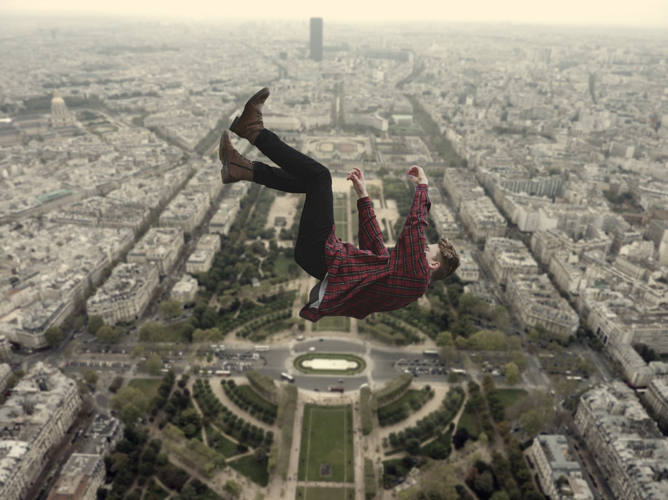 fall from the clouds, sky, building exterior, full length, cityscape, flying, nature, one person, fallen from the sky, real people, leisure activity, outdoors, HD Wallpaper