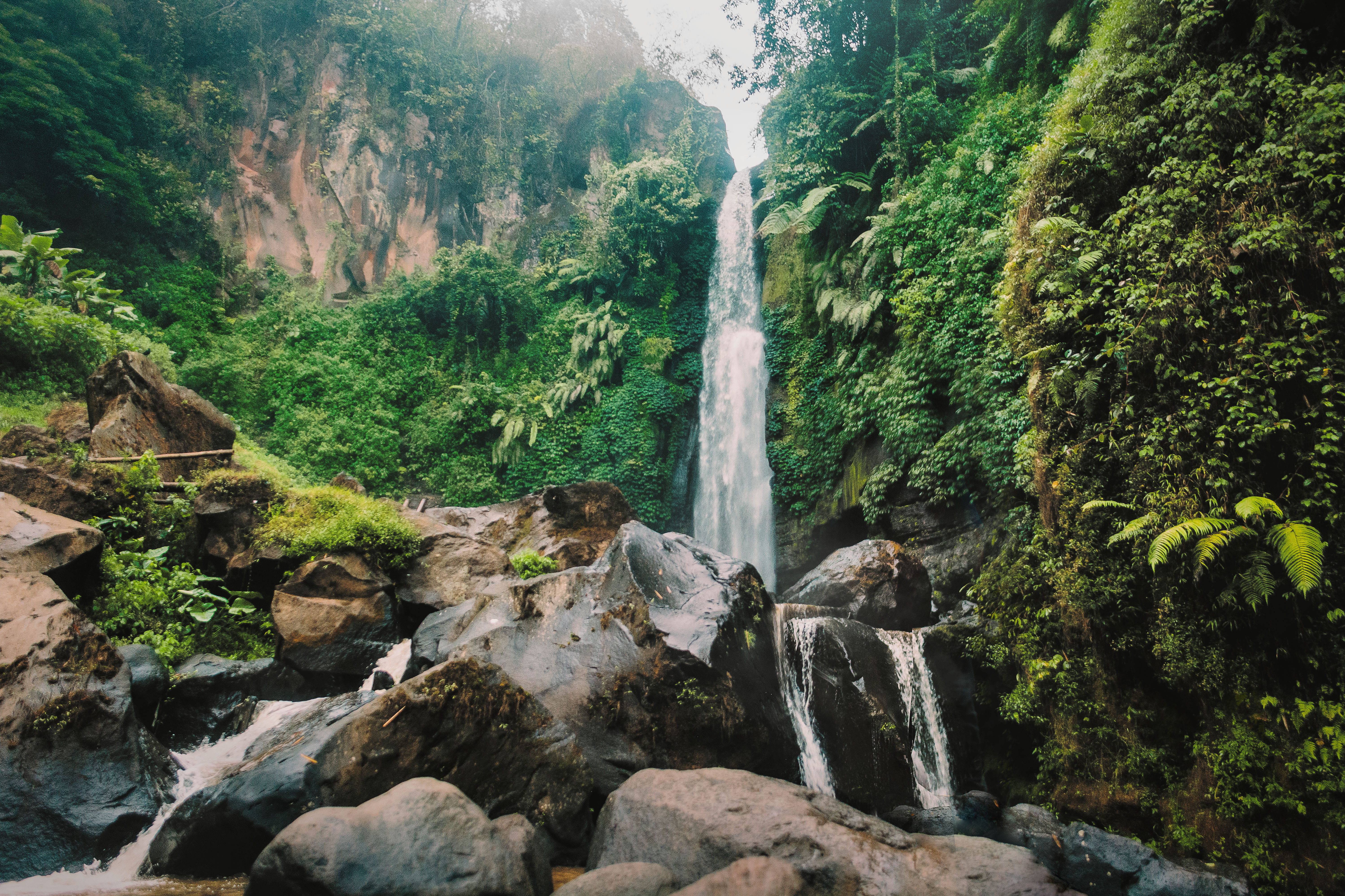 stones, plunge, plant, rainforest, waterfall, flow, trees, 5K, moss, rock, nature, motion, landscape, photography, environment, forest, water, woods, tree, HD Wallpaper