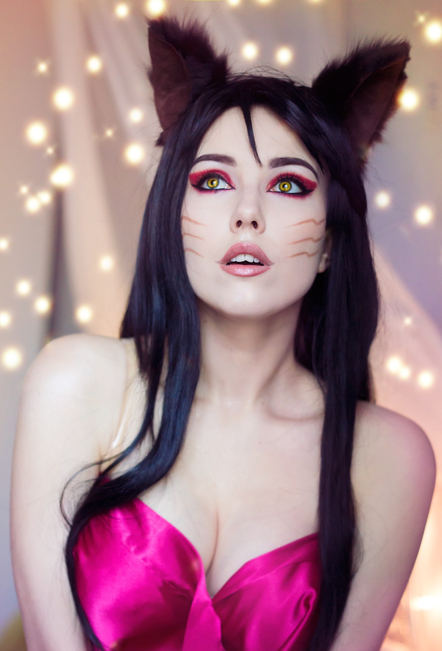 Ahri (League of Legends), Helen Stifler, brunette, women, cosplay, 1080P, long hair, Phone HD Wallpaper