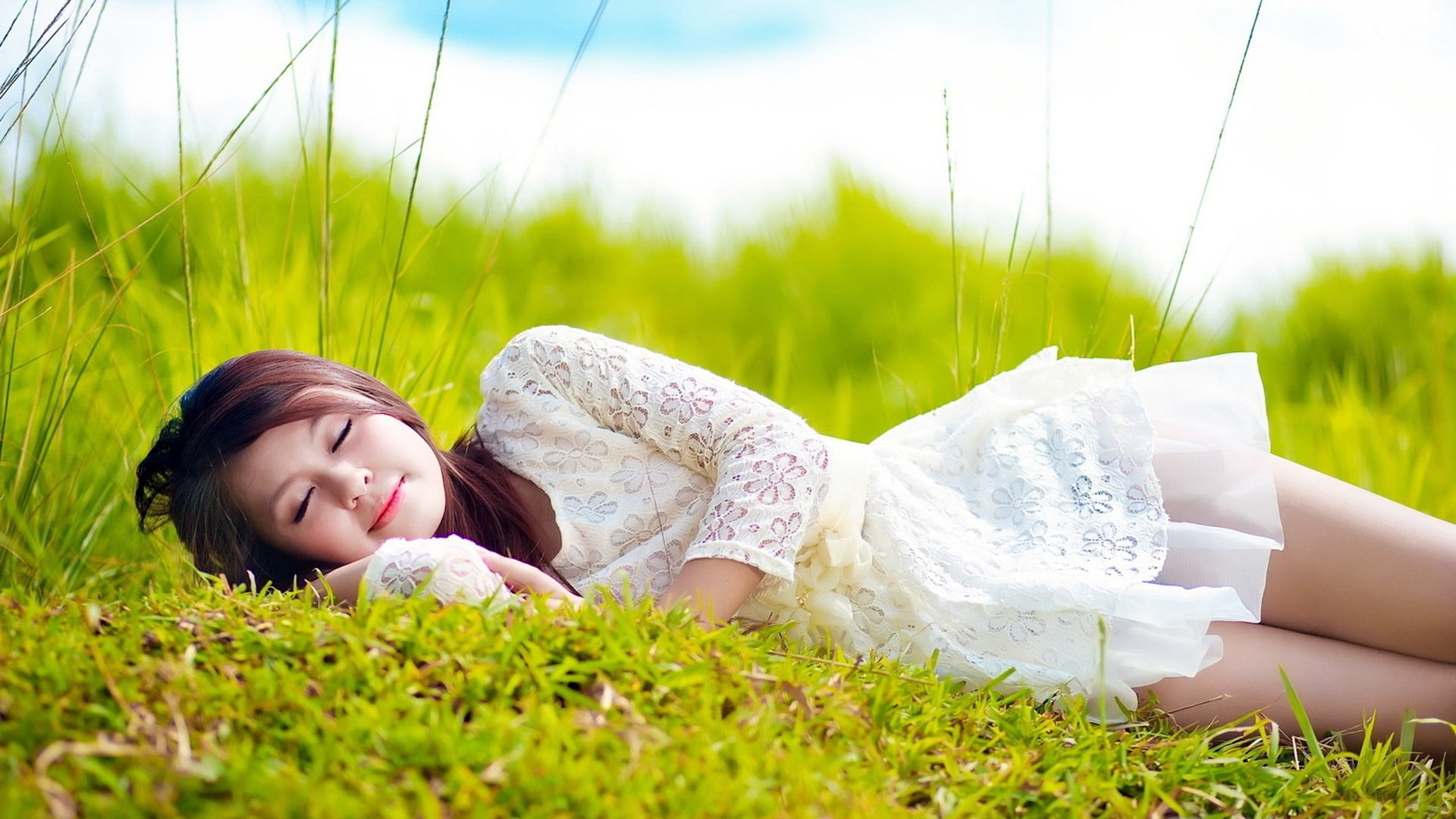 Short Skirt, Sleeping, Long Hair, Asian, Closed Eyes, White Dress, Lying On Side, Women Outdoors, grass, model, women, brunette, 1080P, nature, Depth Of Field, HD Wallpaper