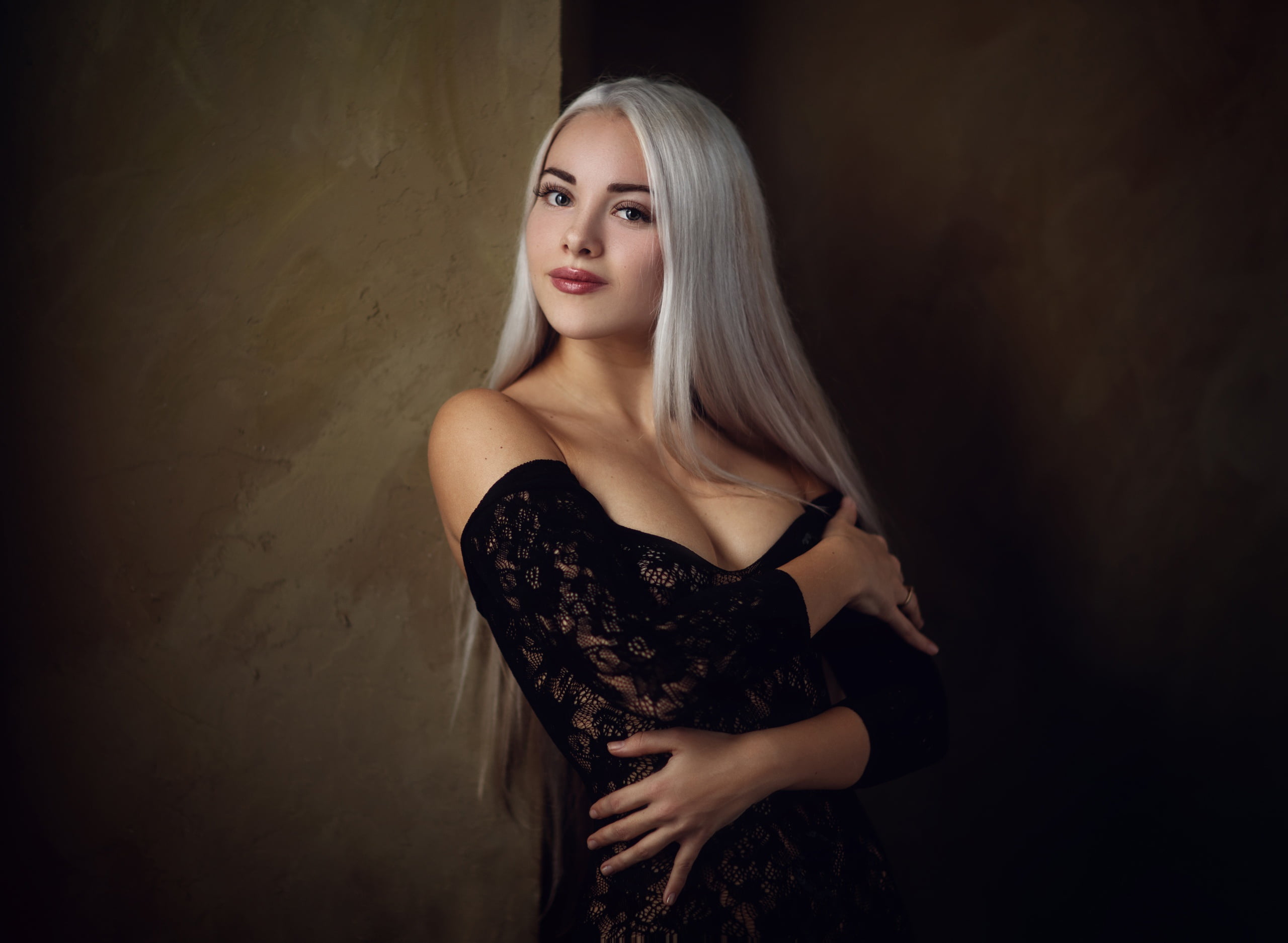 dress, wall, portrait, Sergey Sorokin, girl, look, 2K, neckline, long hair, hands, blonde, pose, HD Wallpaper