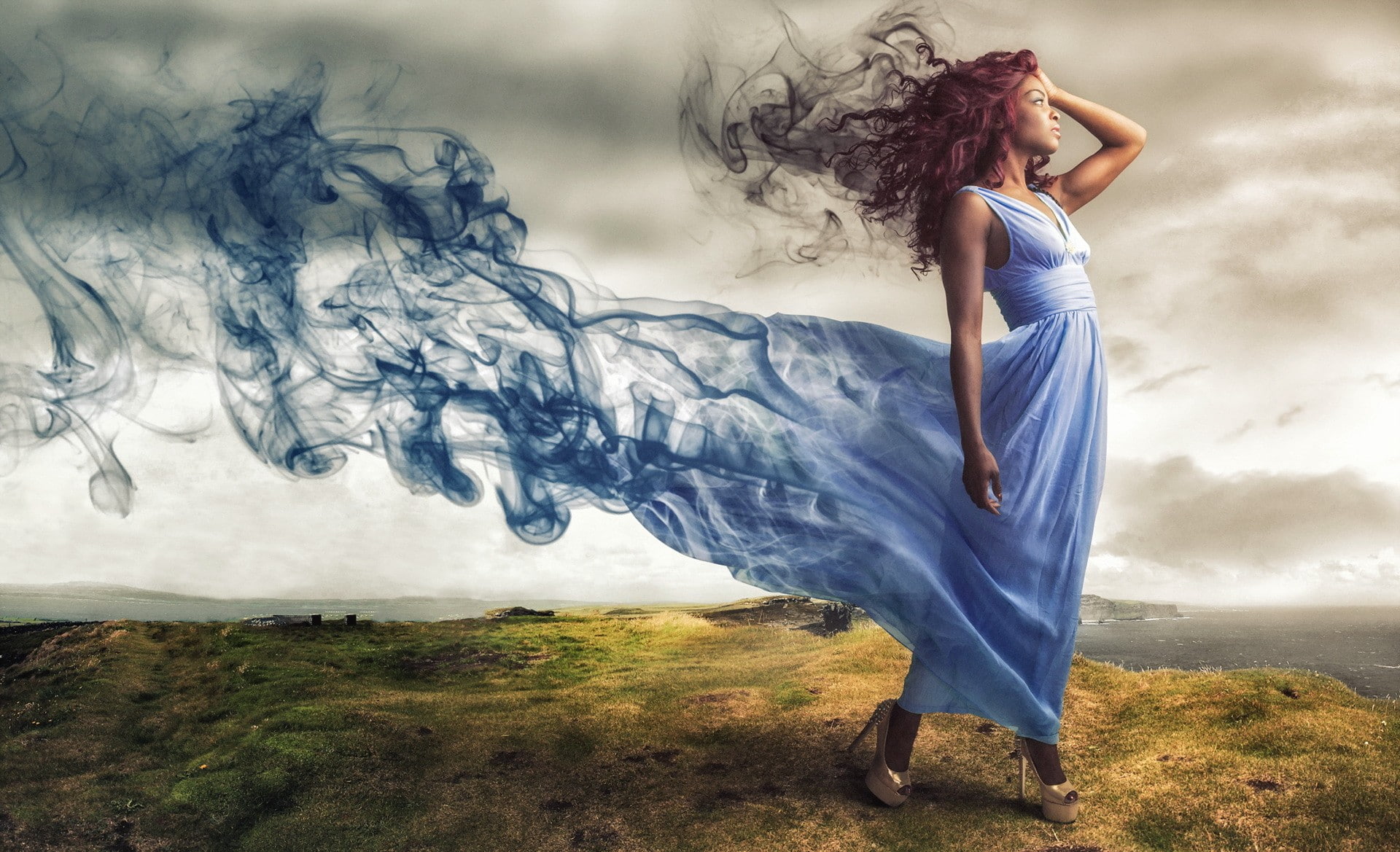 photo manipulation, sky, digital composite, ebony, model, clothing, one person, blue dress, 1080P, dress, long hair, nature, hairstyle, outdoors, motion, HD Wallpaper