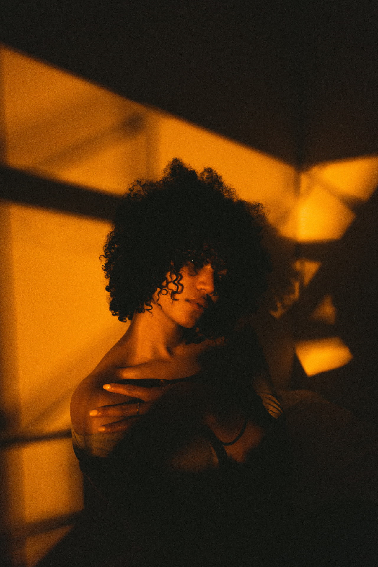 leisure activity, one person, headshot, women indoors, beautiful woman, shadow, standing, black hair, women, 1080P, hair, portrait, night, lifestyles, Phone HD Wallpaper