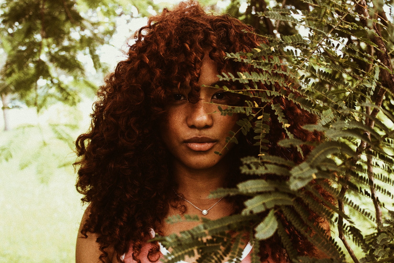 tree, hair, contemplation, lifestyles, one person, leisure activity, plant, ebony, looking, women outdoors, portrait, women, headshot, brunette, front view, HD Wallpaper