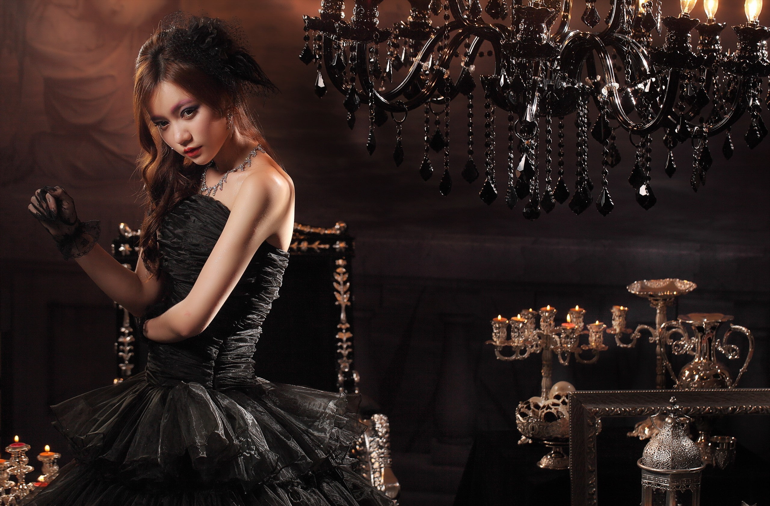 fashion, one person, black dress, model, young adult, holding, indoors, adult, hairstyle, clothing, strapless dress, beauty, real people, hair, dress, young women, HD Wallpaper