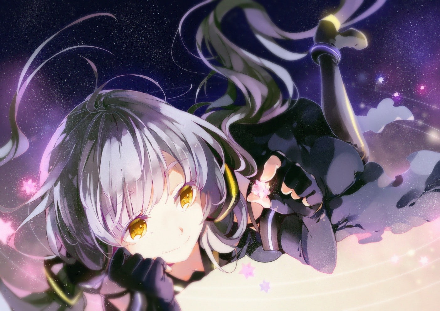 invertebrate, yellow eyes, multi colored, night, no people, plant, thigh-highs, water, elbow gloves, Vocaloid China, animal, beauty in nature, purple, vulnerability, HD Wallpaper
