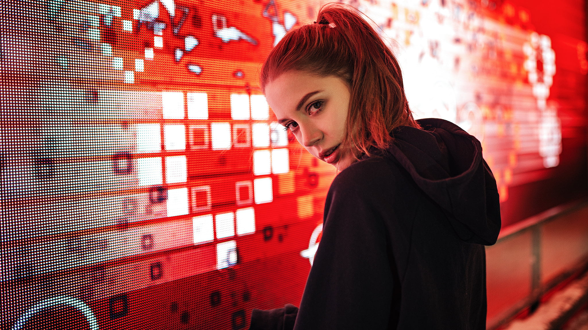 Ksenia Kokoreva, headshot, looking, blouse, face, portrait, looking at viewer, red, ponytail, waist up, hairstyle, wall - building feature, looking over shoulder, HD Wallpaper