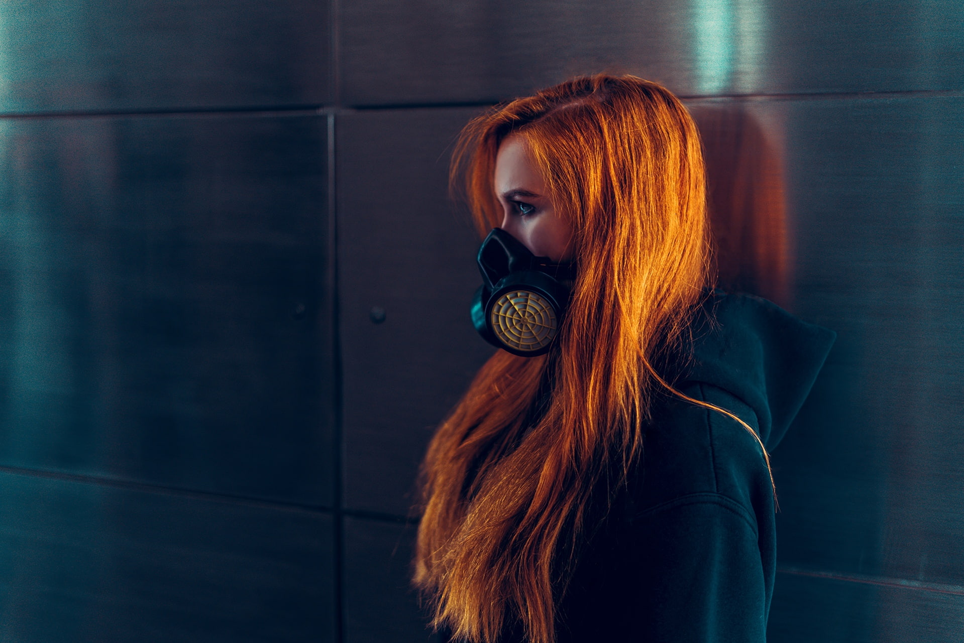 long hair, 720P, mask, blouse, gas masks, looking away, model, blouses, women, sweatshirts, redhead, portrait, hoods, profile, HD Wallpaper