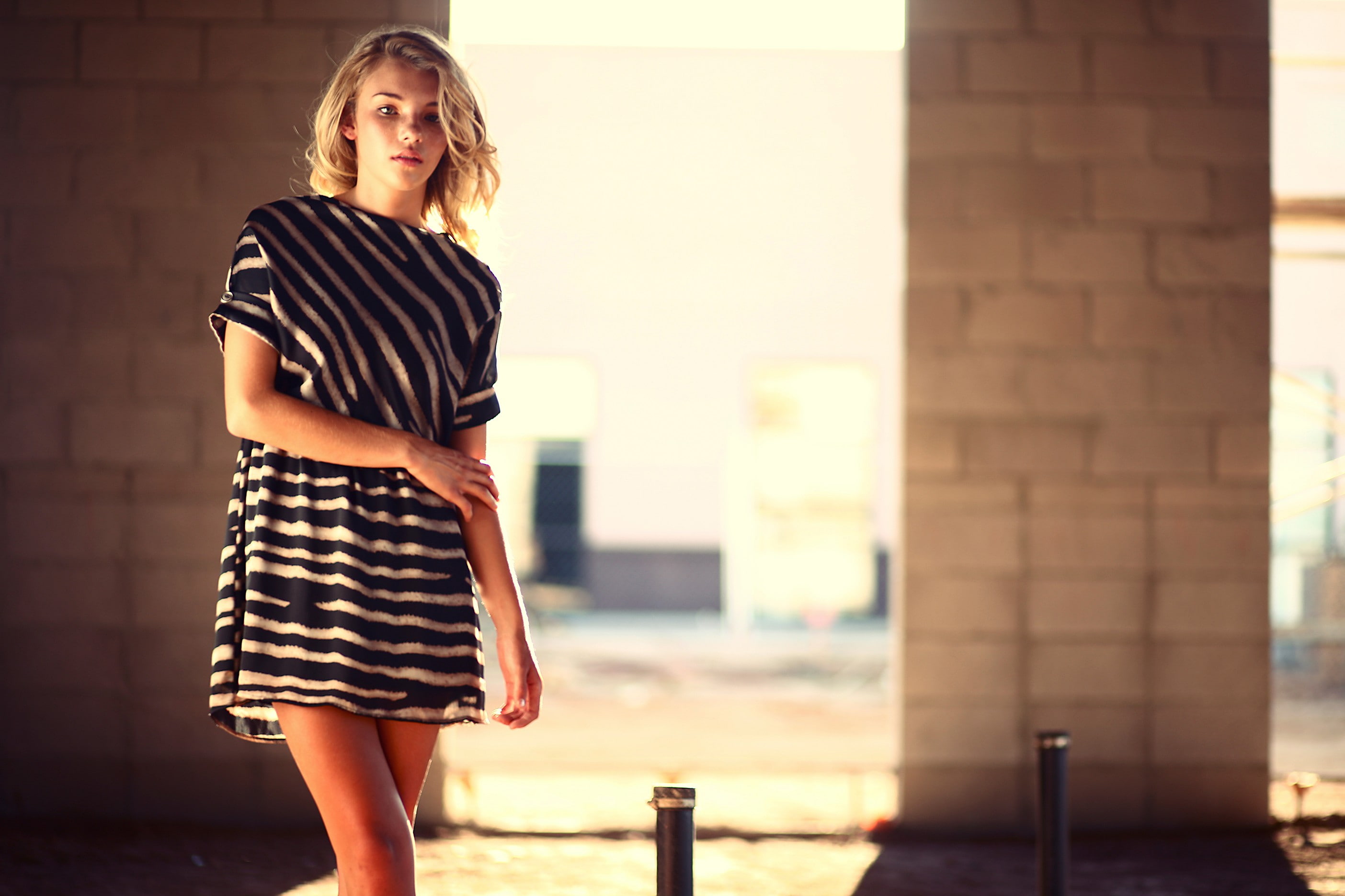 standing, brick, dress, long hair, looking at camera, hairstyle, model, Garrett Meyers, hair, striped, young women, outdoors, 2K, young adult, beauty, HD Wallpaper