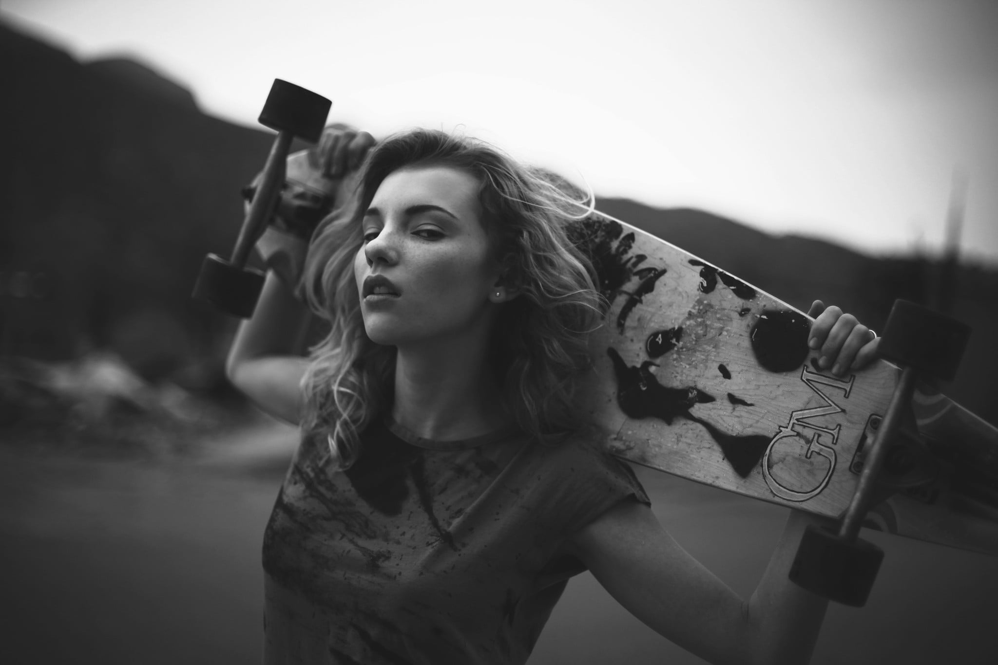 photographing, hairstyle, monochrome, leisure activity, selfie, holding, longboard, Rachel Ann Yampolsky, blonde, smart phone, urban, front view, skateboard, HD Wallpaper
