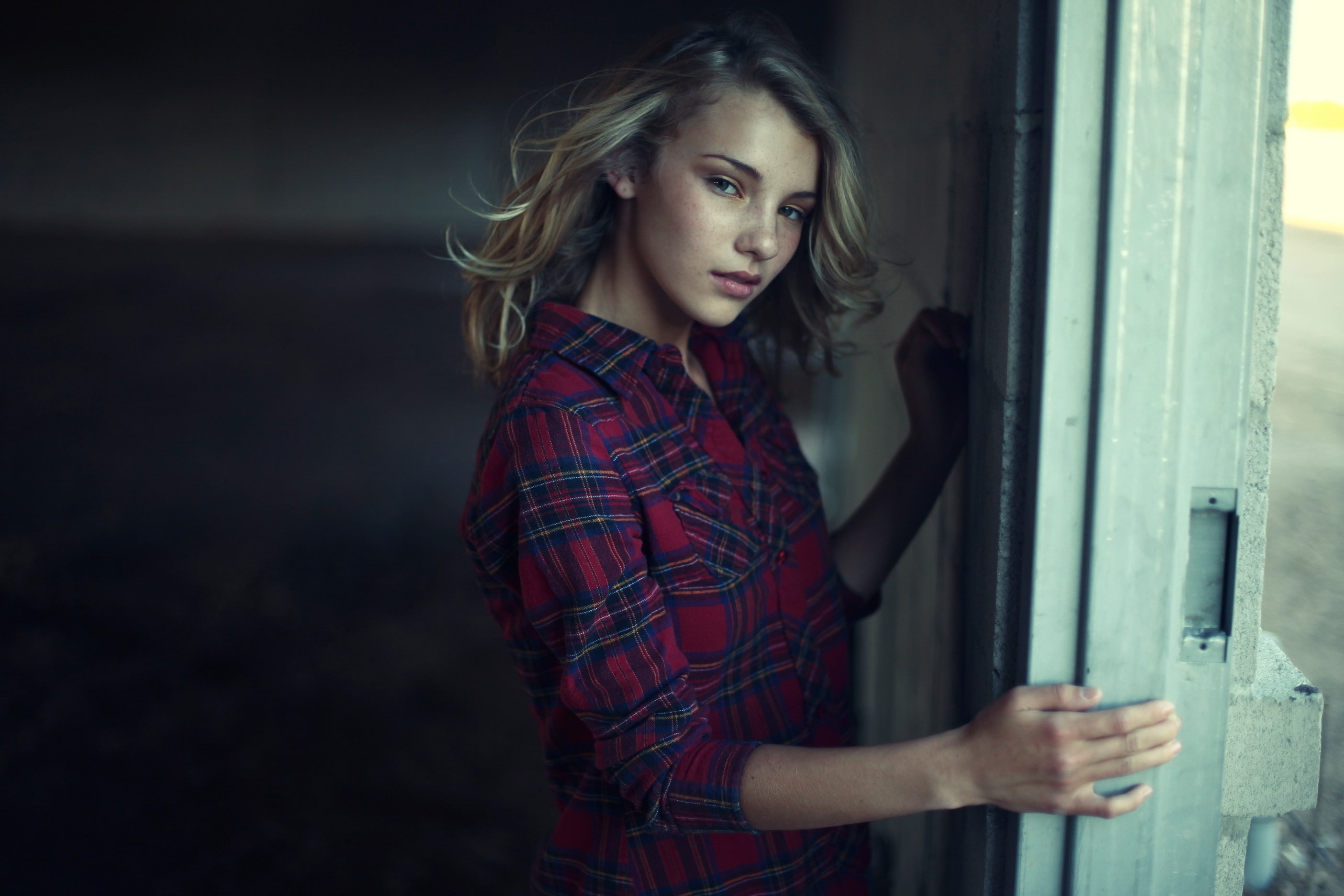 plaid shirt, women, model, blonde, freckles, face, 2K, Rachel Ann Yampolsky, Garrett Meyers, HD Wallpaper