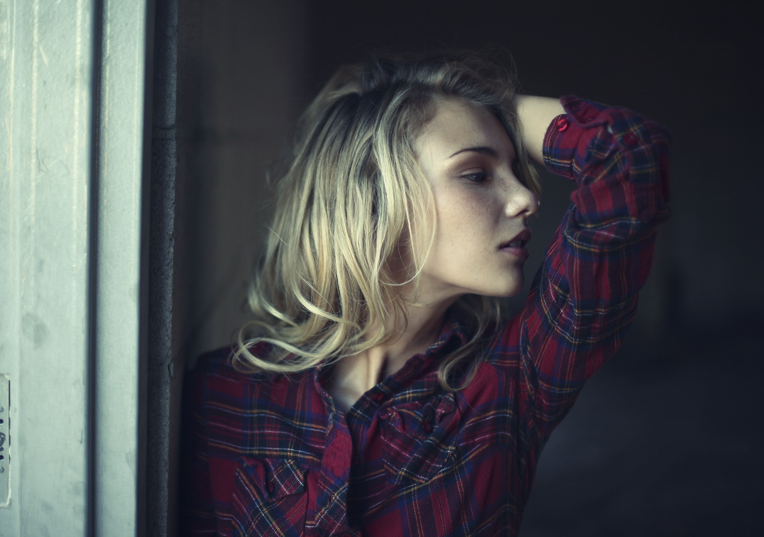 2K, face, arms up, plaid shirt, women, looking away, profile, model, Rachel Ann Yampolsky, HD Wallpaper